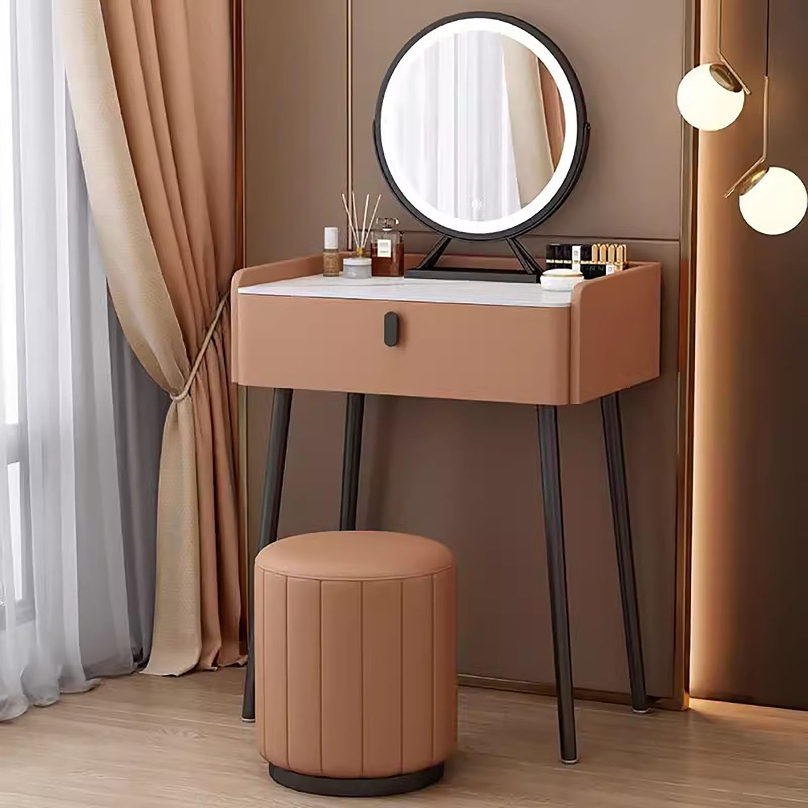 asdchZen Champagne Makeup Vanity Desk Set With Led Lighted Mirror & Cushioned Stool-Stylish Dressing Table For Bedroom & Studio, 23.6In/60Cm,Orange-27.5in/70cm