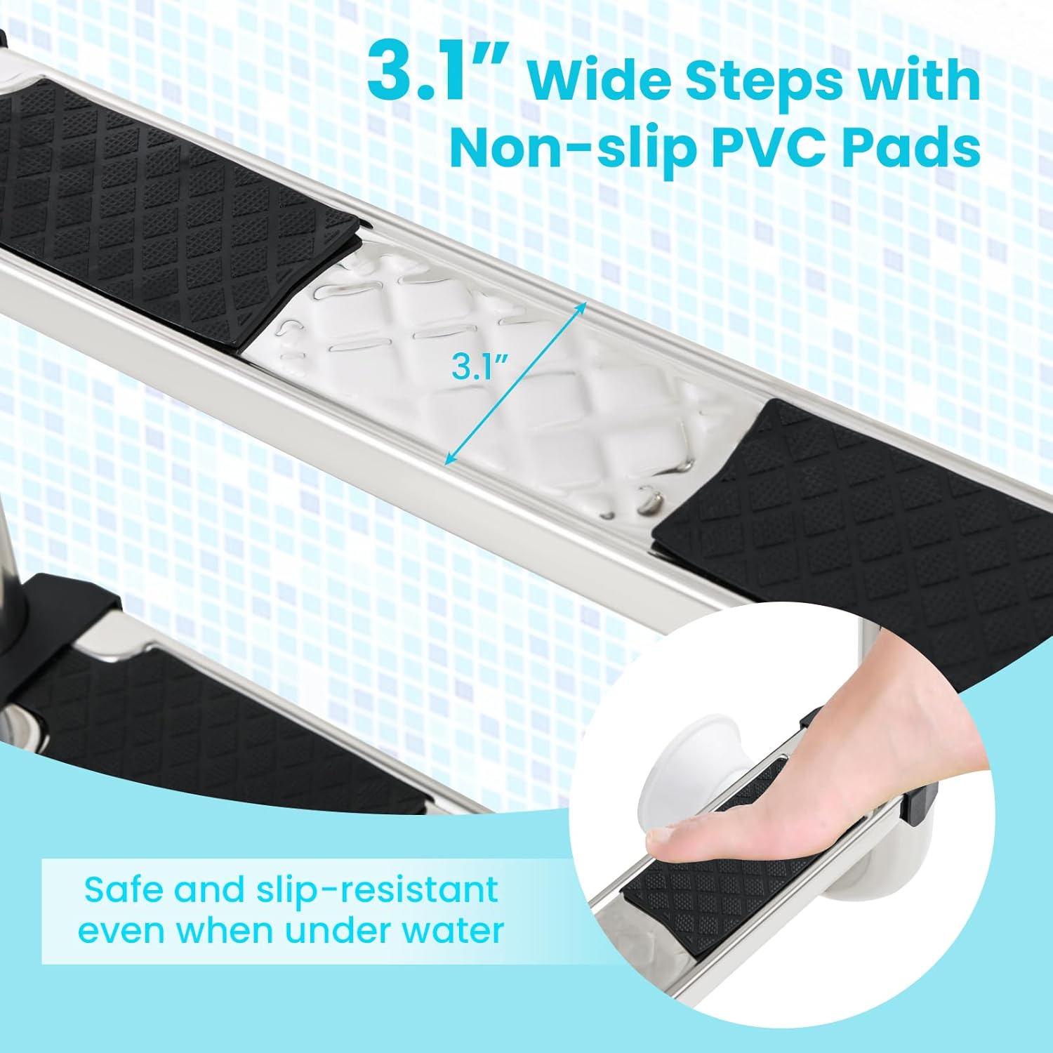 In-ground Swimming Pool Ladders, 4-Step Pool Ladder with Stainless Steel Frame & Non-Slip Steps, Deck Mounted Ladder Entry and Exit System, Loads up to 440 lbs