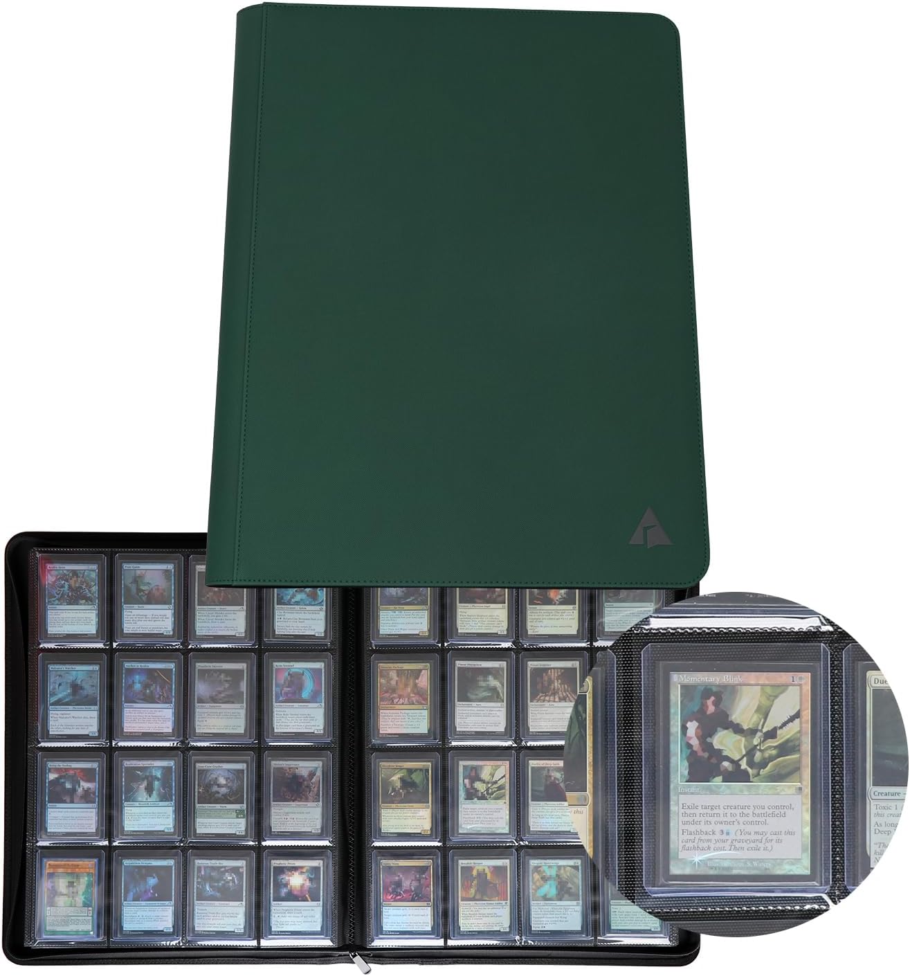 Rayvol 16-Pocket Top loader Binder, Holds 512 Top loaders 16 Pocket Top Loader Card Storage Case, 500 + Ringless Double-Sided Pockets for Cards in 3 x 4'' Top loaders -Forest Green