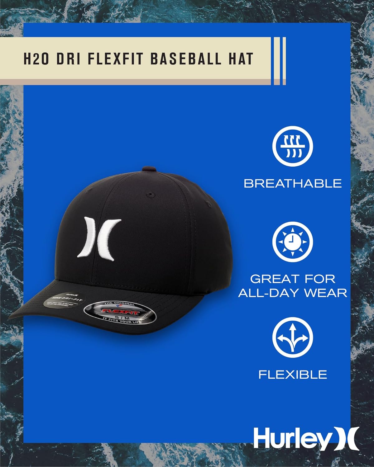 Hurley Mens Baseball Cap - Moisture Wicking Curved Brim Flexfit Fitted Hats for Men with H2O-Dri Sweatband (Sizes: S-XL) - Image 2