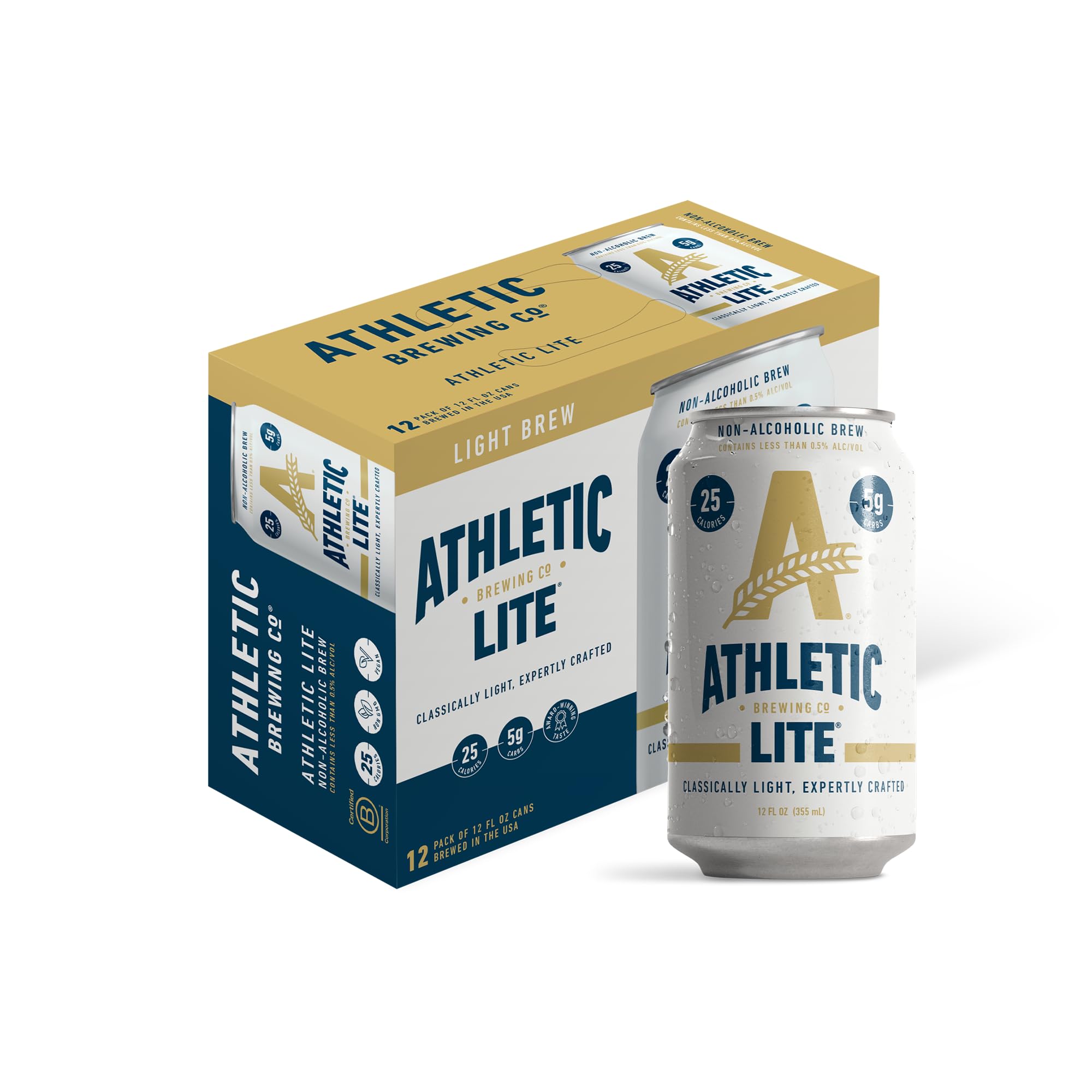 Athletic Brewing Company Craft Non Alcoholic Beer, Low Carb Light Brew With Rice & Malt Body, Pair With Salad & Pizza, Vegan, Low Calorie Athletic Lite, 12 Pack, 12 FL Oz Cans