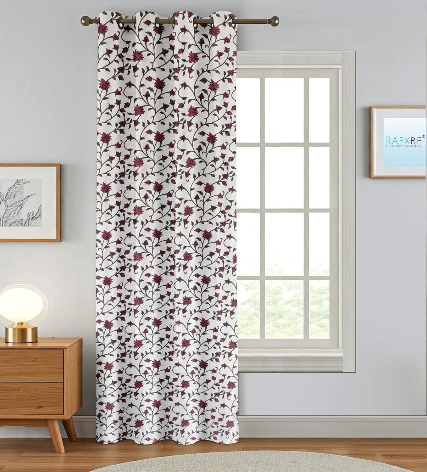 Trance Home Linen Floral Printed Curtain Living Room Bedroom Door and Windows | 100% Cotton Eyelet Ring Parde | 8 Feet 60-65% Room Darkening Curtains | Premium Parda (Jaal Mauve - Set 1, 8Ft)