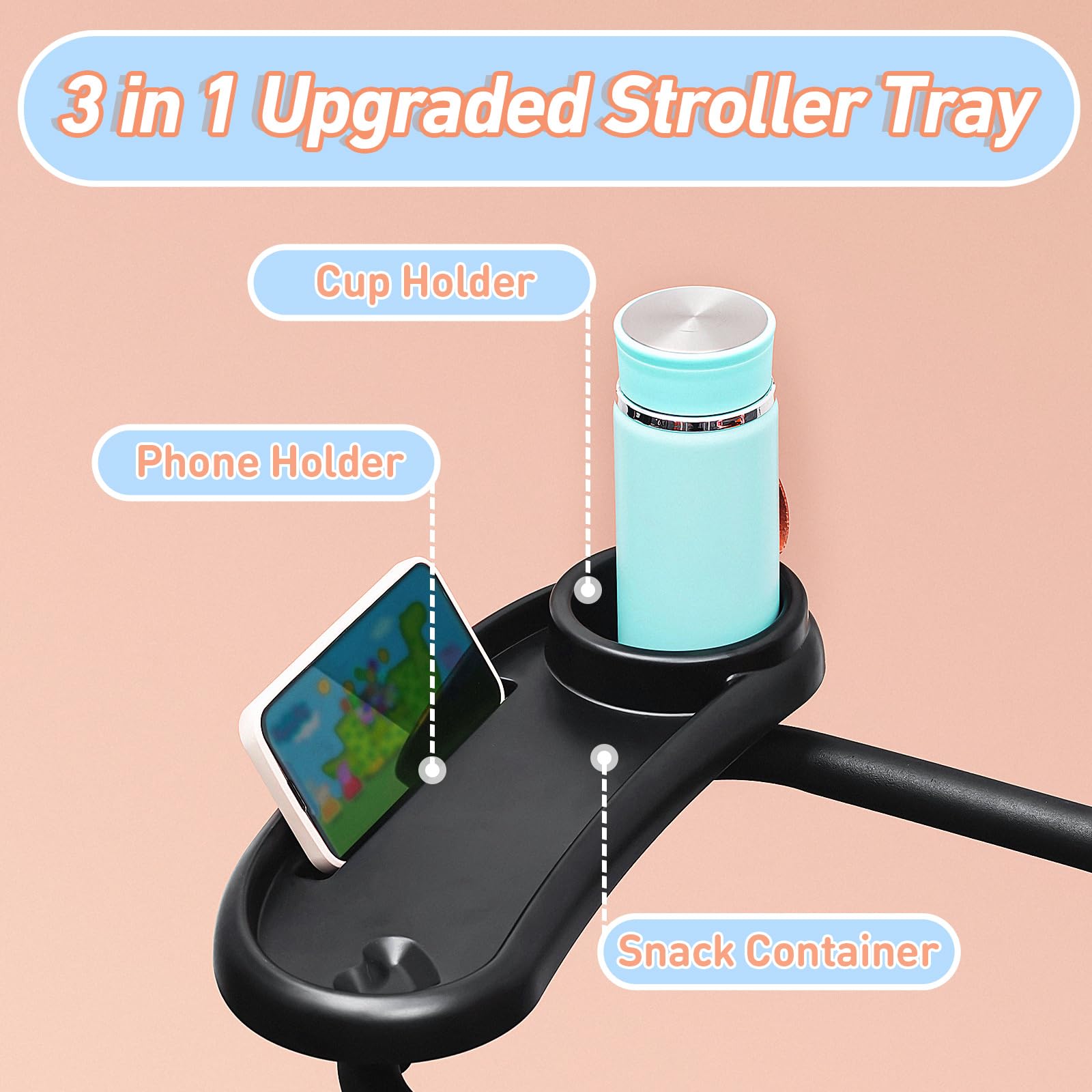 Datanly 3 in 1 Universal Stroller Snack Tray with Phone Holder Stroller Cup Holder with Snack Tray Removable Clip Hook Stroller Accessories for Watch Video Travel Mom Baby, Black