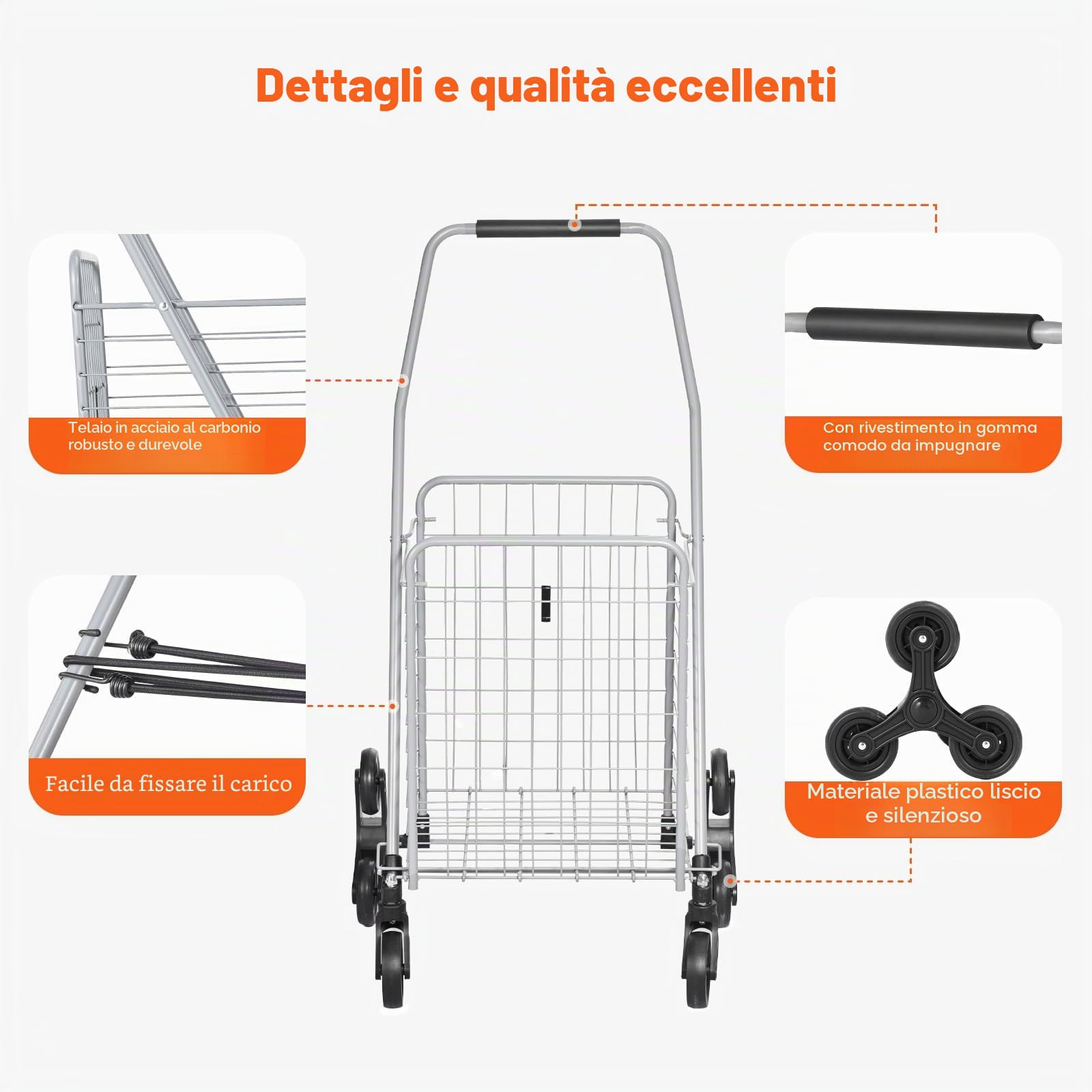 VEVOR Carrello della Spesa per Salire Scale da 45 L con Ruote Girevoli a 360°, Carrello Multiuso per Salire Scale con Tre Ruote, Carrello per Scale, Pieghevole e Leggero per Bucato in Viaggio, Argento