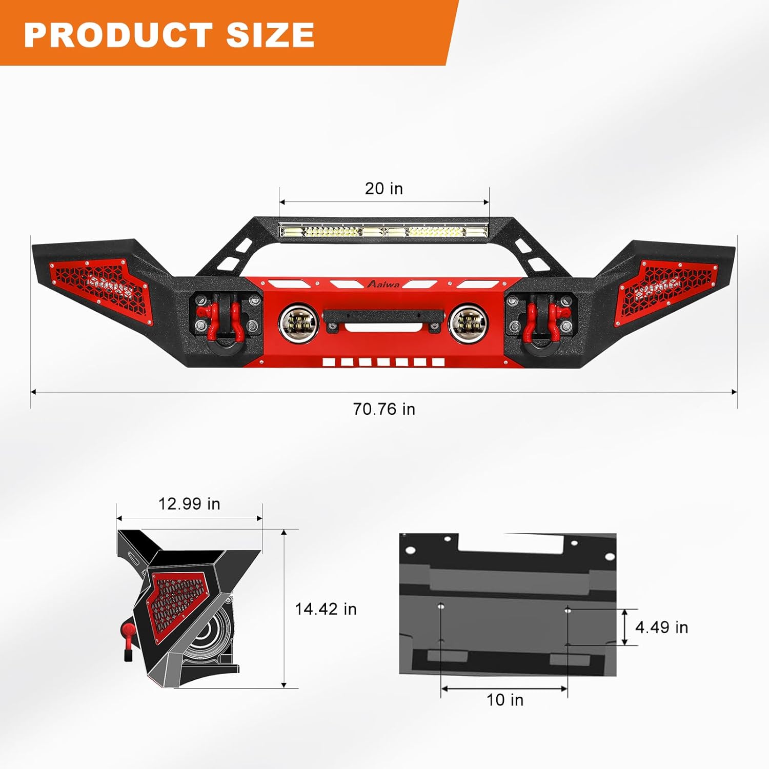 Front Bumper Compatible with 2007-2023 Wrangler JK/JL& 2020-2021-2023 Gladiator JT (2/4 Doors), Built-in 144W LED Light Bar w/ 4.5'' Fog Light, 18w LED Lights Bar Winch Plate and D-rings