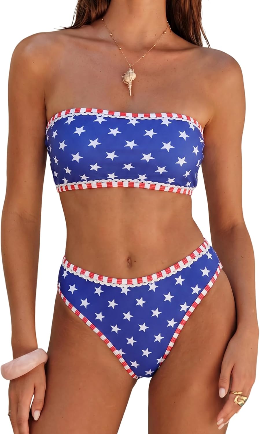ZAFUL Bikini Set for Women Strapless Textured Bandeau Bikini Two Piece Swimsuit Lace up Bathing Suits