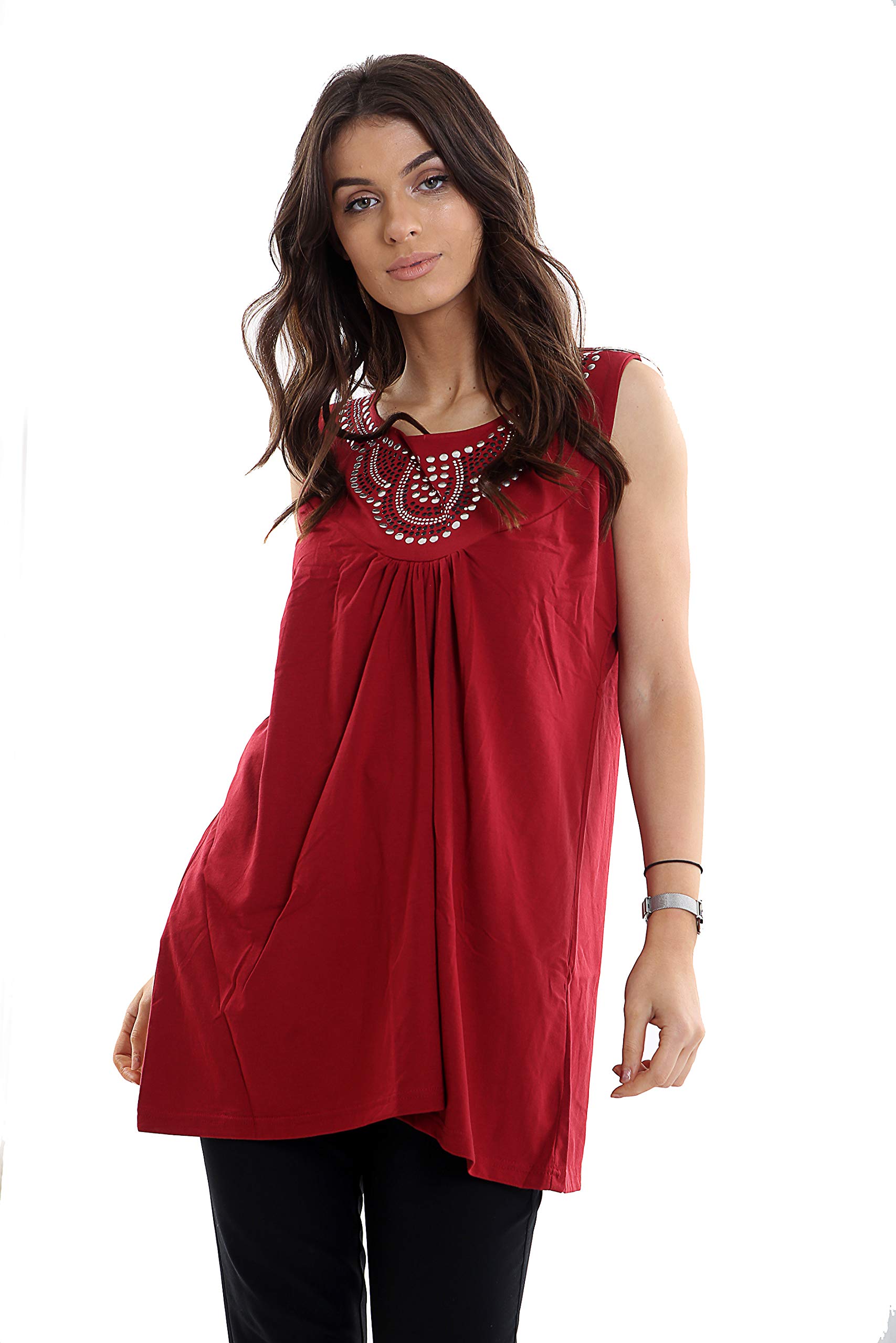 Women Beaded Stud Flared Tunic Ladies Swing Long Vest Top T-Shirt Dress 14-28 (Wine-Beaded, 14-16)