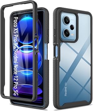ESTH  Xiaomi Poco X5 Pro 5G/Redmi Note 12 Pro 5G Clear Case, Silicone & PC Hybrid Full-Body Armour Built-in Screen Protector and PC Bumper Military Grade Heavy Duty Shockproof Cover, Black