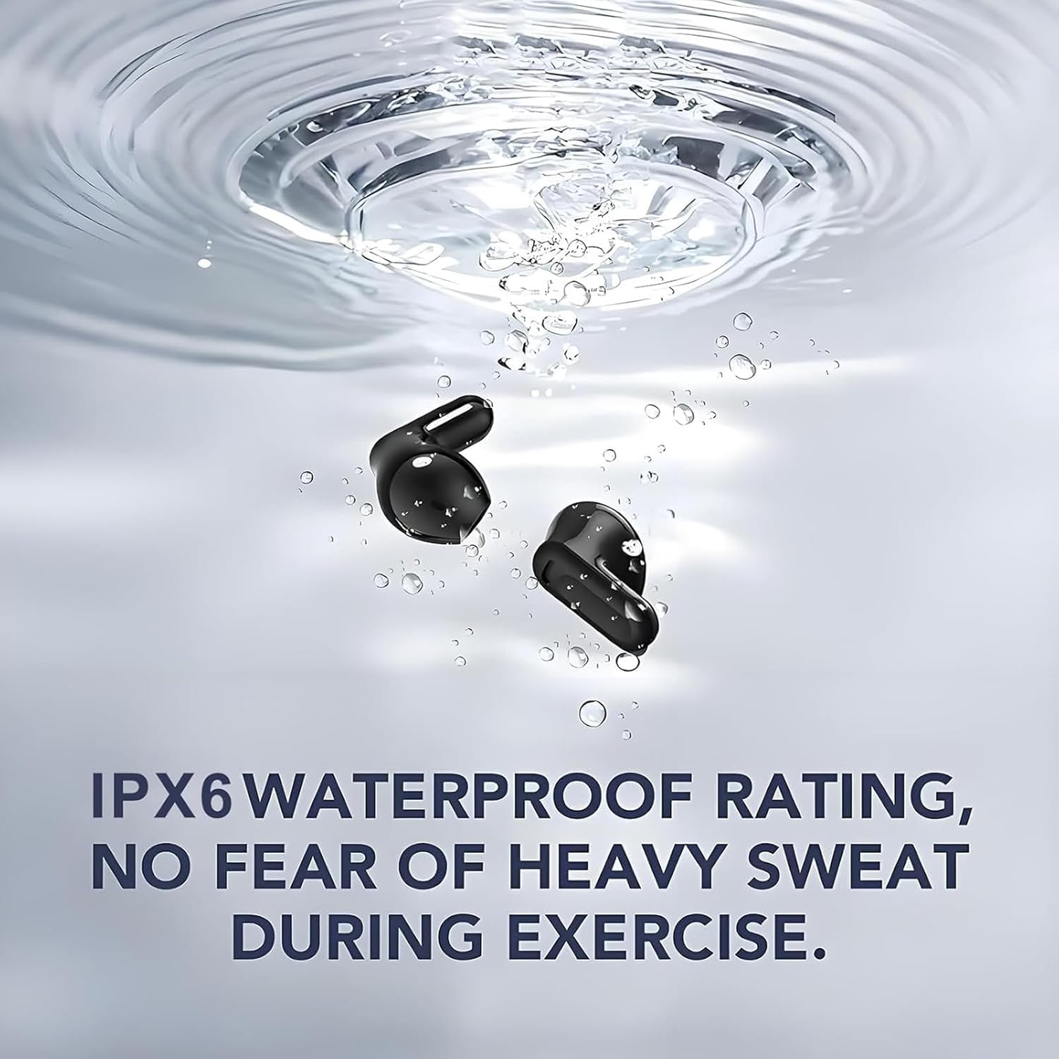 Two black NE20 earbuds submerged in water, with text 'IPX6 WATERPROOF RATING, NO FEAR OF HEAVY SWEAT DURING EXERCISE.'
