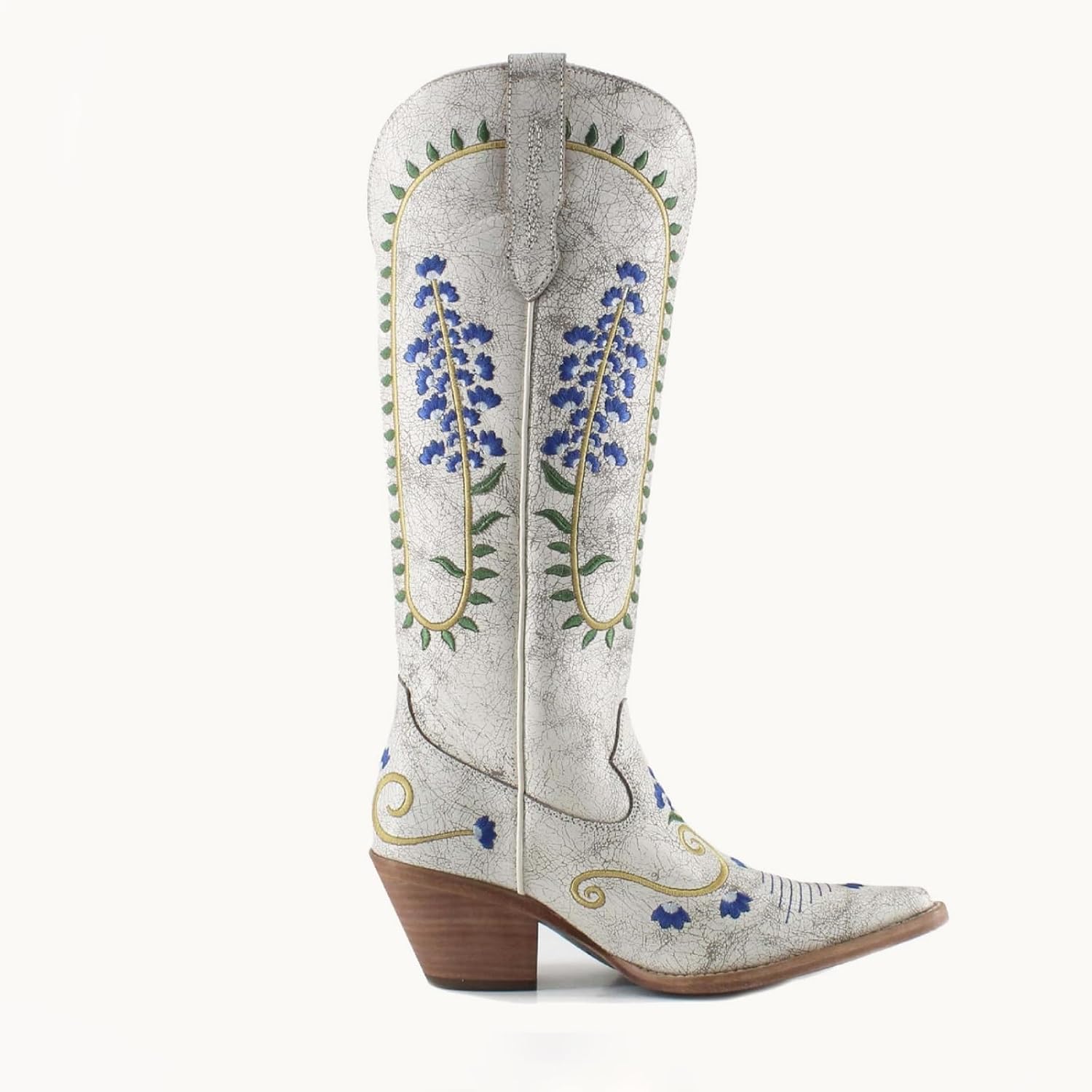 Goolita Floral Cowboy Boots For Women, Pointed Toe Chunky Heel Western Knee High Boots with Retro Embroidered Classic Slip On Tall Cowgirl Boots