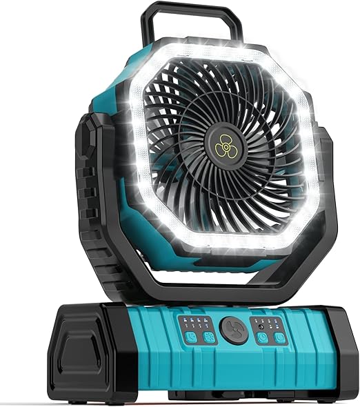 Camping Fan - 20000mAh Battery Powered Fan Rechargeable with LED Lantern - Portable Outdoor Tent Fans with Hanging Hook 4 Speeds Wind Remote Control
