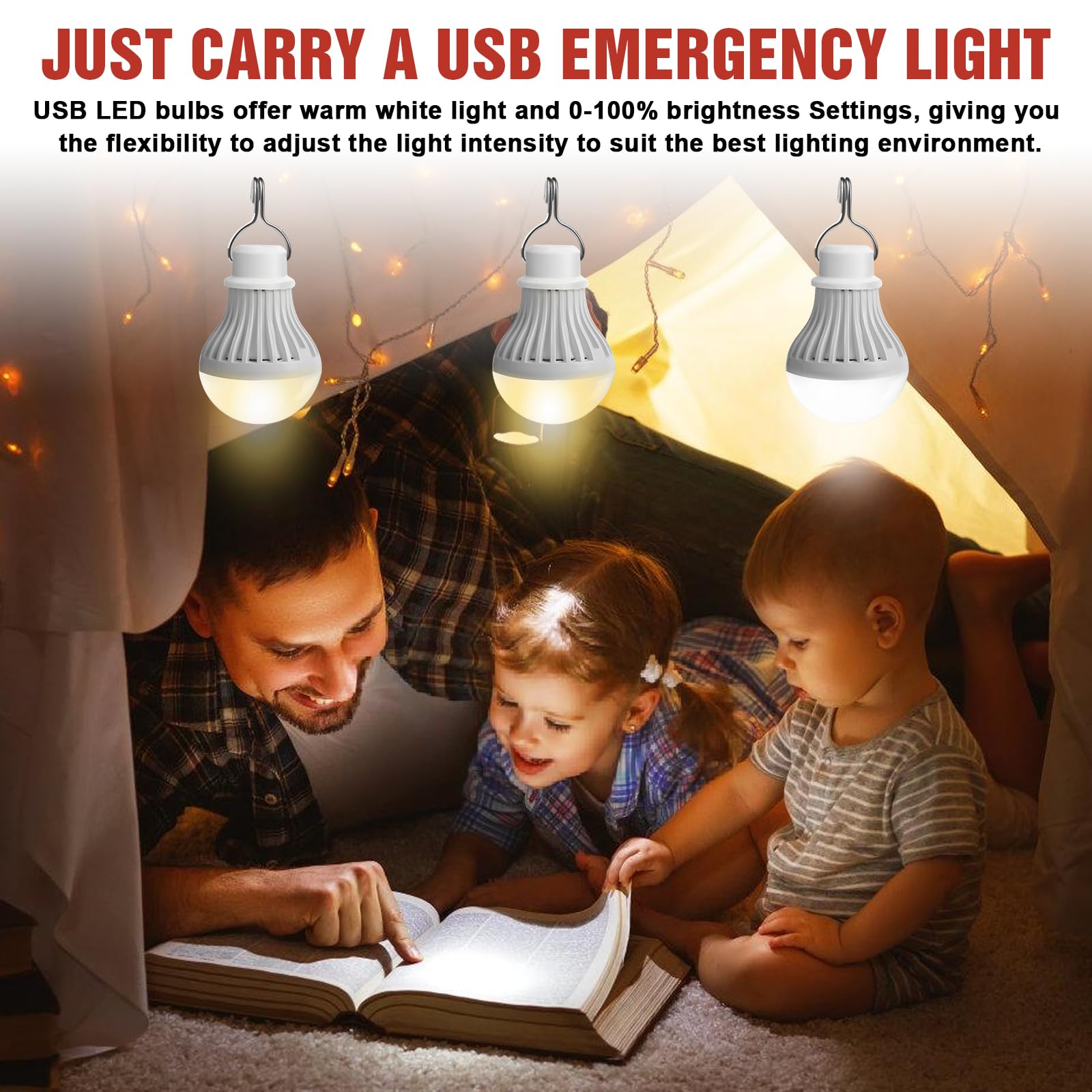 Set di 2 lampade da campeggio LED USB ricaricabili 7 W - Lampada da tenda con intensità variabile - 3 modalità di illuminazione 2700-5000 K - Luce di emergenza con gancio - Funziona con pile