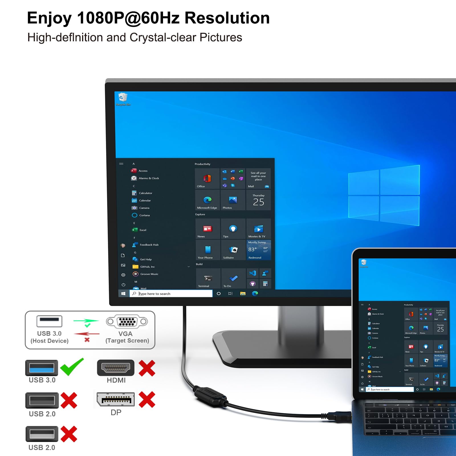 BENFEI Kabel USB 3.0 do VGA 1,8 m męski na męski, do Windows 11, Windows 10, Windows 8.1, Windows 8, Windows 7 (nie dla Mac)
