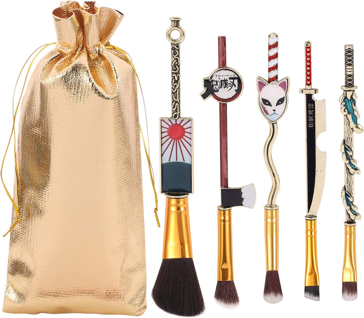 Anime Peripheral Demon Makeup Brushes - 5pcs Kimetsu Noyaiba Make Up Brushes Nezuko Tanjirou Metal Handle Makeup Tools Gift for Fans (Gold)