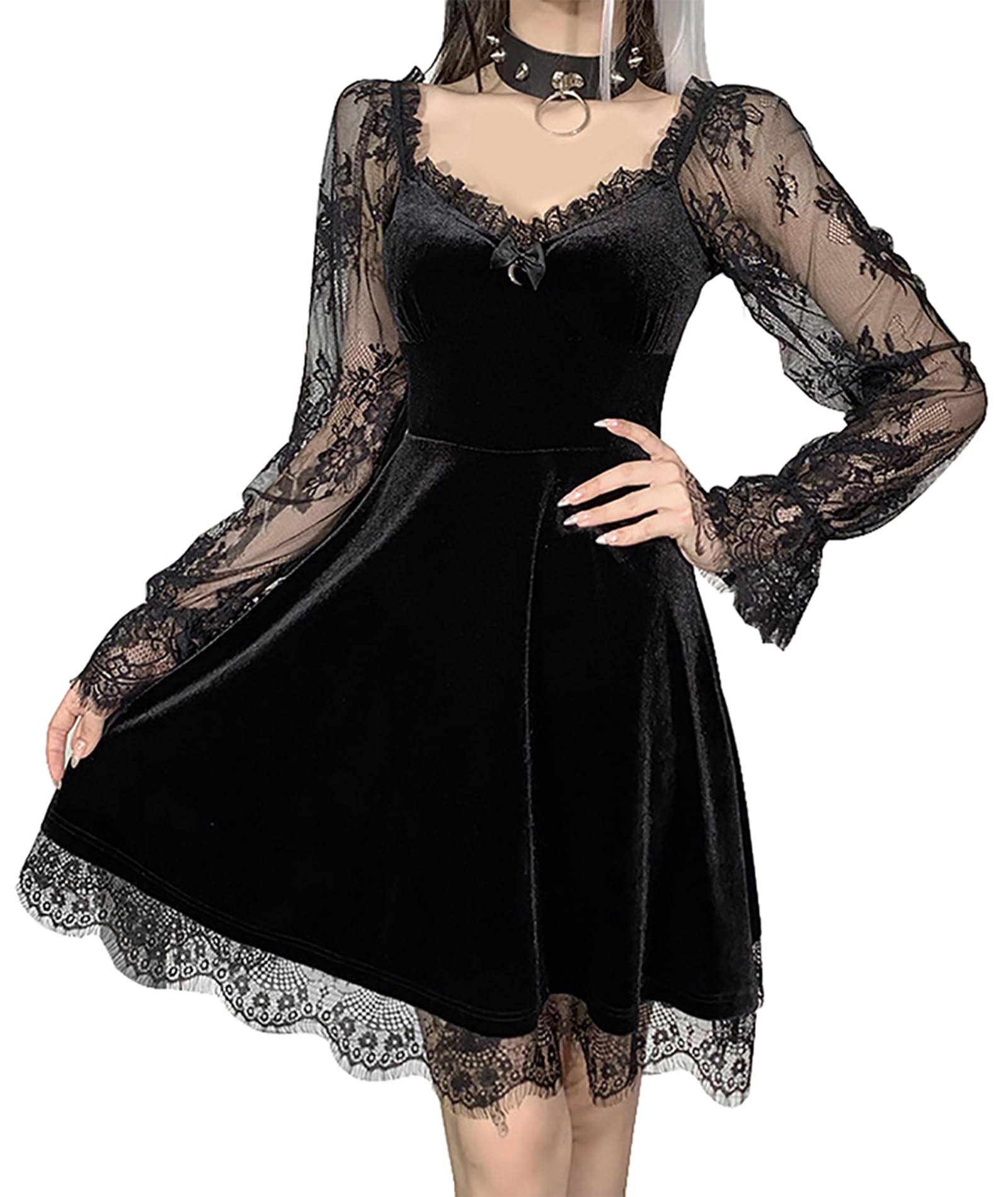 Robes élégantes pour femme - Manches longues - Col en V - Robe de cocktail - Robe gothique - Robe d'invité de mariage pour femme