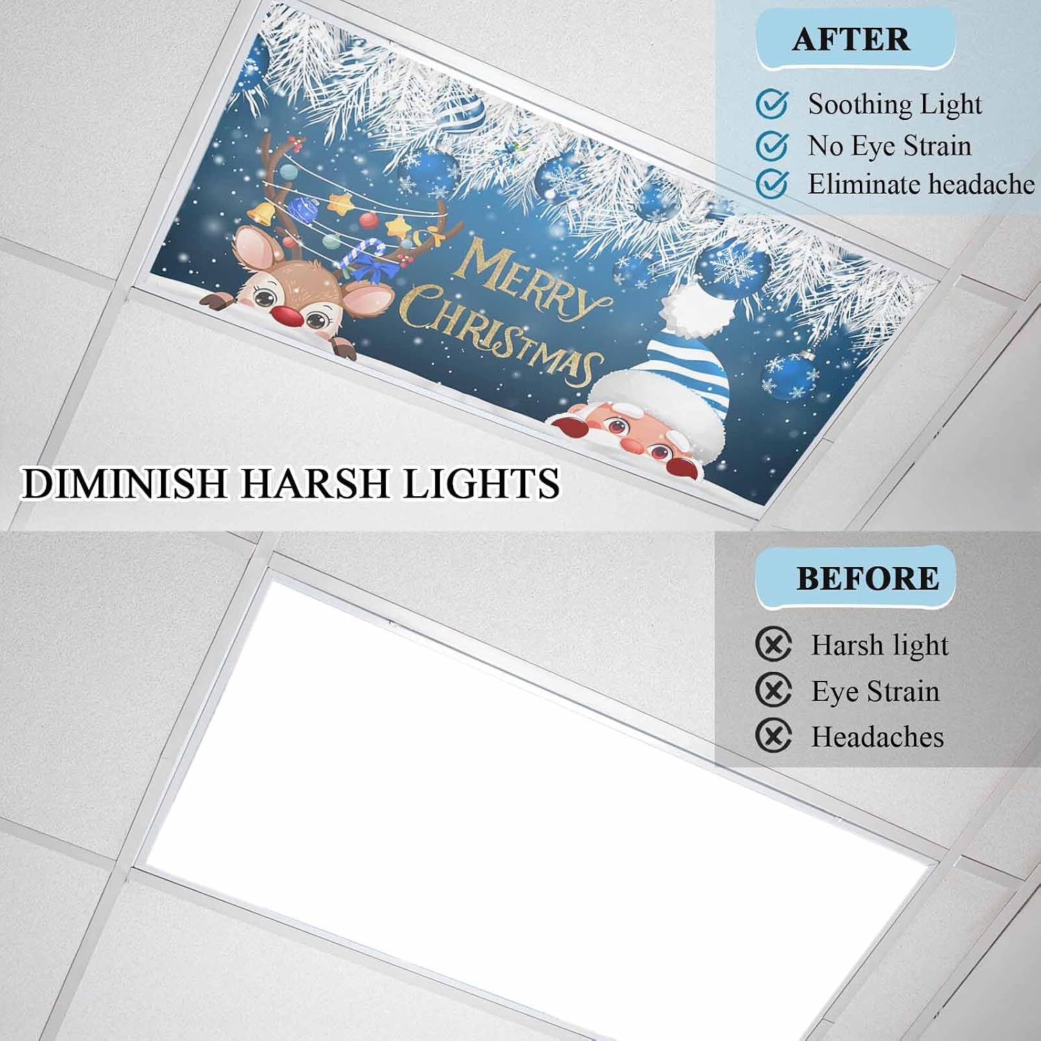 Santa Claus Magnetic Fluorescent Light Covers for Ceiling Lights 2 x 4 Feet,Christmas Elk Cartoon Pine Tree Leaves Blue Office Classroom Kitchen Drop Ceiling Light Covers Filters Shade Panel 3 Packs