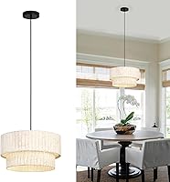 Vista 1 de 16 Inch Modern Farmhouse Chandelier – Layered Linen Strips Hanging Pendant Light, Dimmable Rustic Lighting Fixture for Dining Room, Kitchen Island