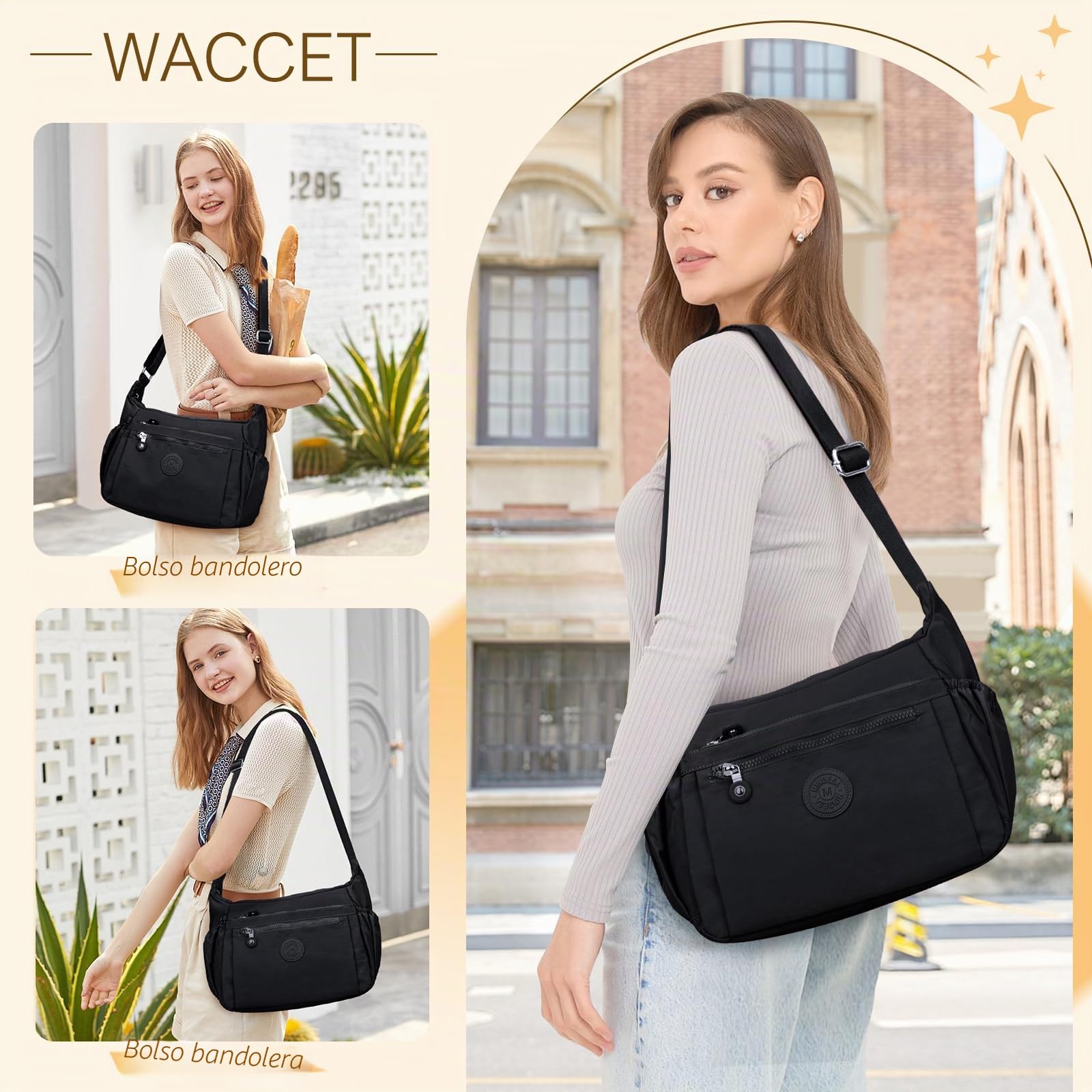 Bolso Bandolera Mujer Grande, Bolso de Hombro Nylon Impermeable con Correa Ajustable Bolsos Bandolera Mujer con Múltiples Bolsillos Bolso Crossbody Mujer Casual Ligero