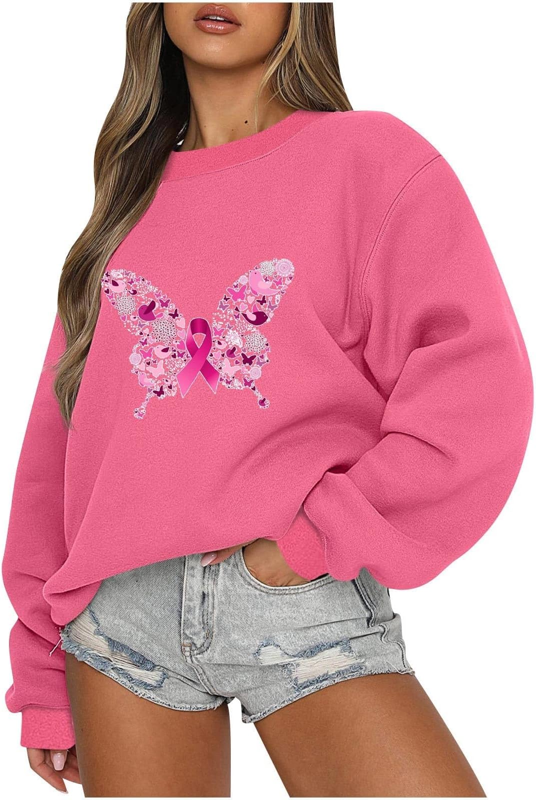 GenericCrewneck Sweatshirt for Women Breast Cancer Awareness Tops Pink Ribbon Butterfly Printed Shirts Breast Cancer Warrior Long Sleeve Comfy Loose Fit Fall Pullover Blouses
