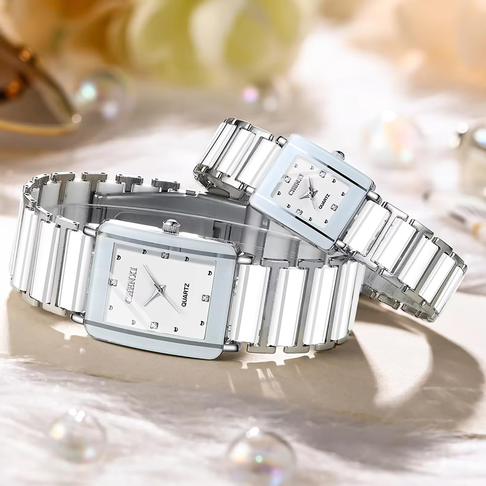 Gosasa Relojes vintage para parejas para hombres y mujeres, reloj de cuarzo cuadrado de cerámica para él y para ella, par de relojes de diamantes impermeables