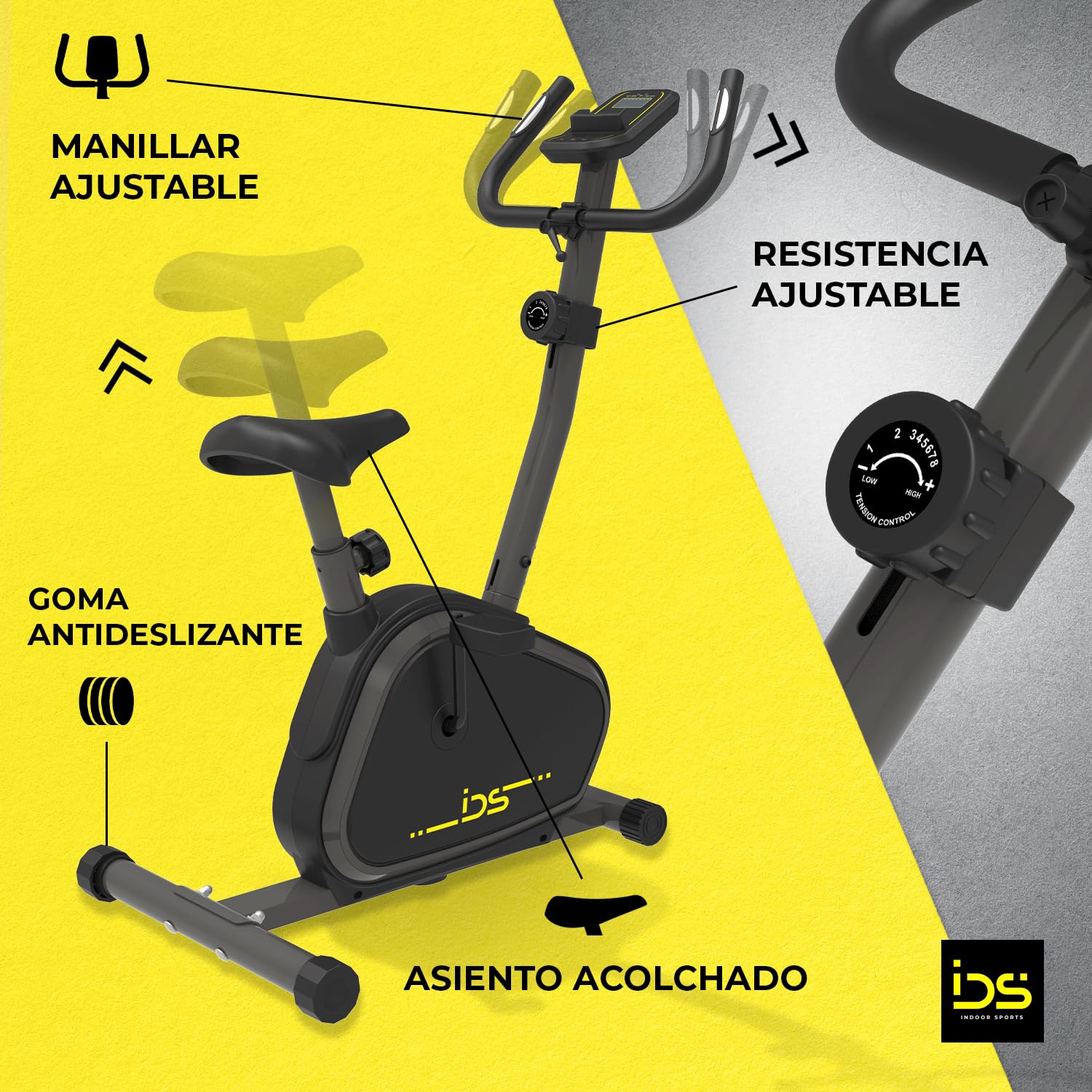 IDS Bicicleta estática C100, Resistencia magnética 8 niveles, Pantalla digital multifunción, Sensores cardíacos, Asiento cómodo XL ajustable, Pedales EasyFlow, Profesional, segura y estable