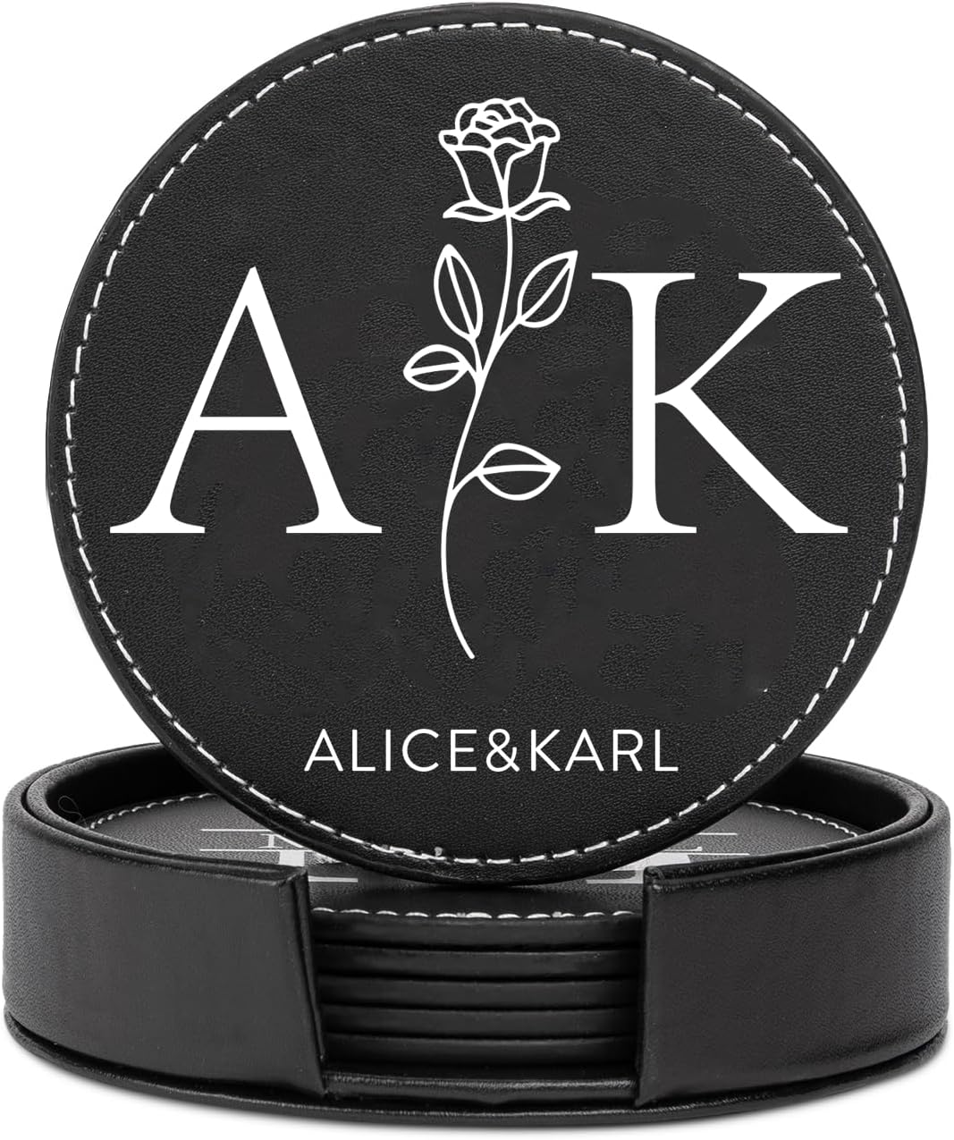 Personalized Leather Coasters Set (6 Pack) with Holder Anniversary Wedding Drink Coasters Luxurious Home Décor Dining Table Tabletop Protection