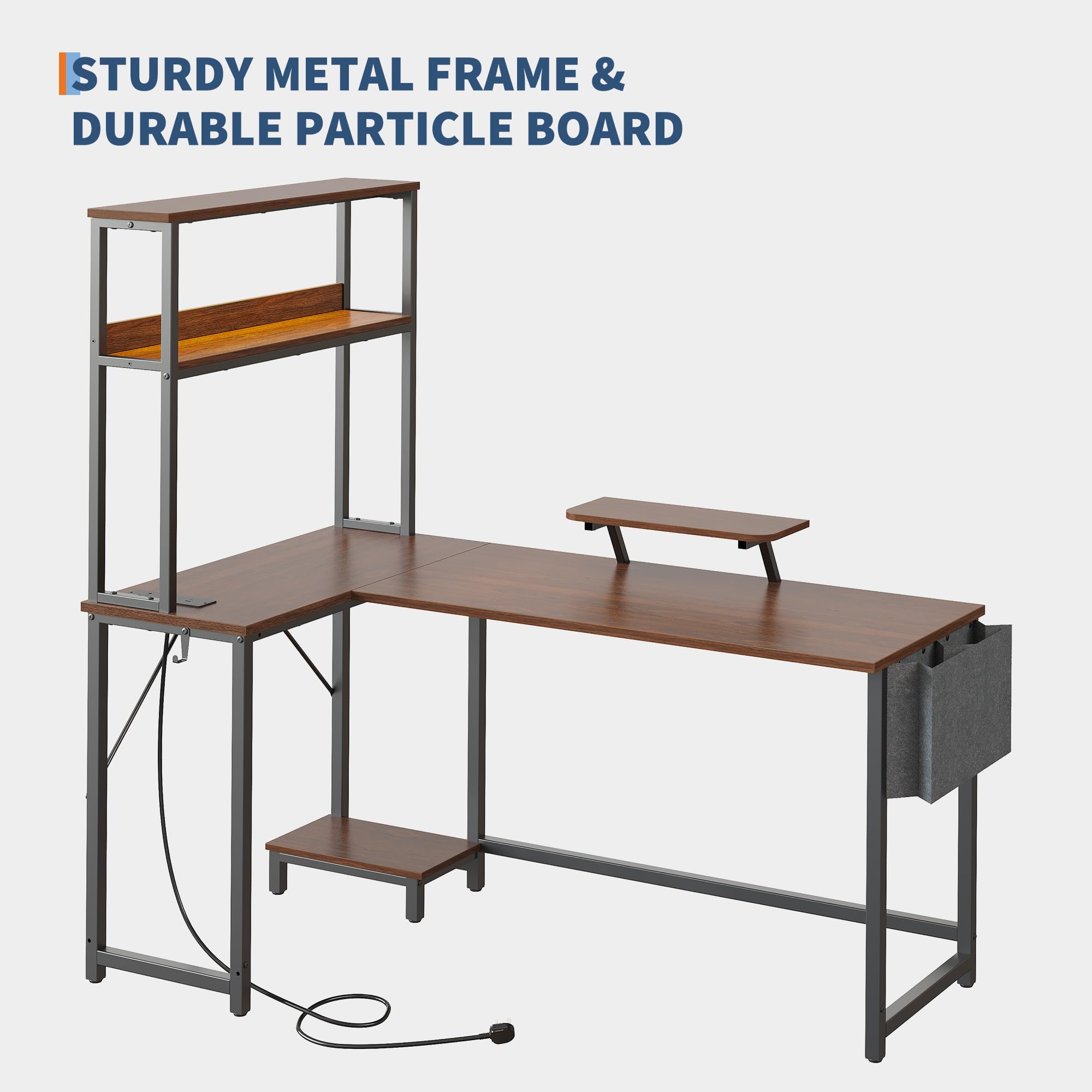 Bureau d'Angle Avec Rangement, 124x92x152cm Bureau Gaming En l Avec LED, Table Ordinateur Avec Prise Intégrée & Port USB, Table Gamer Avec Tiroir, Sac De Rangement Et Support d'Ecran, marron