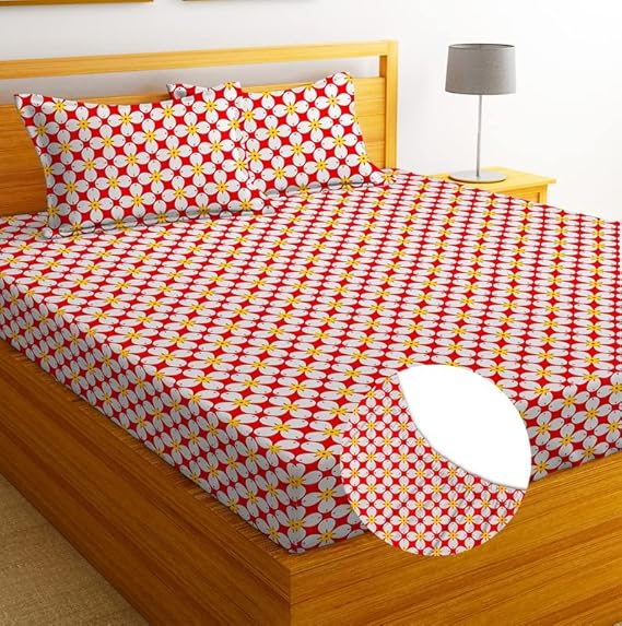BSB HOME Premium 100% Microfiber Elastic Fitted Bedsheets with 2 Pillow Covers | Double Bed with All Around Elastic 180 TC Supersoft | for 78x72+10 Mattress (Floral, Red & White)