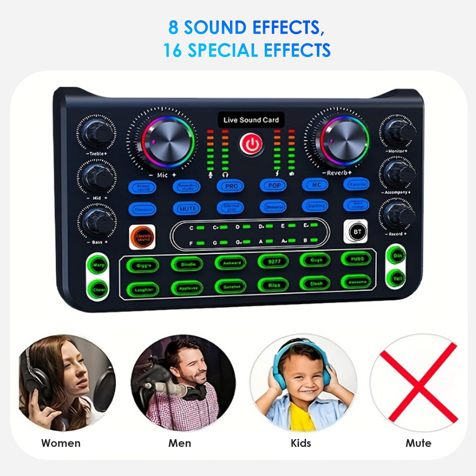 Scheda Live, Mini Scheda Mixer Bluetooth con Effetti Sonori, Scheda Mobile Esterna USB per Trasmissione Live, K Songs, Registrazione, Chat Vocale