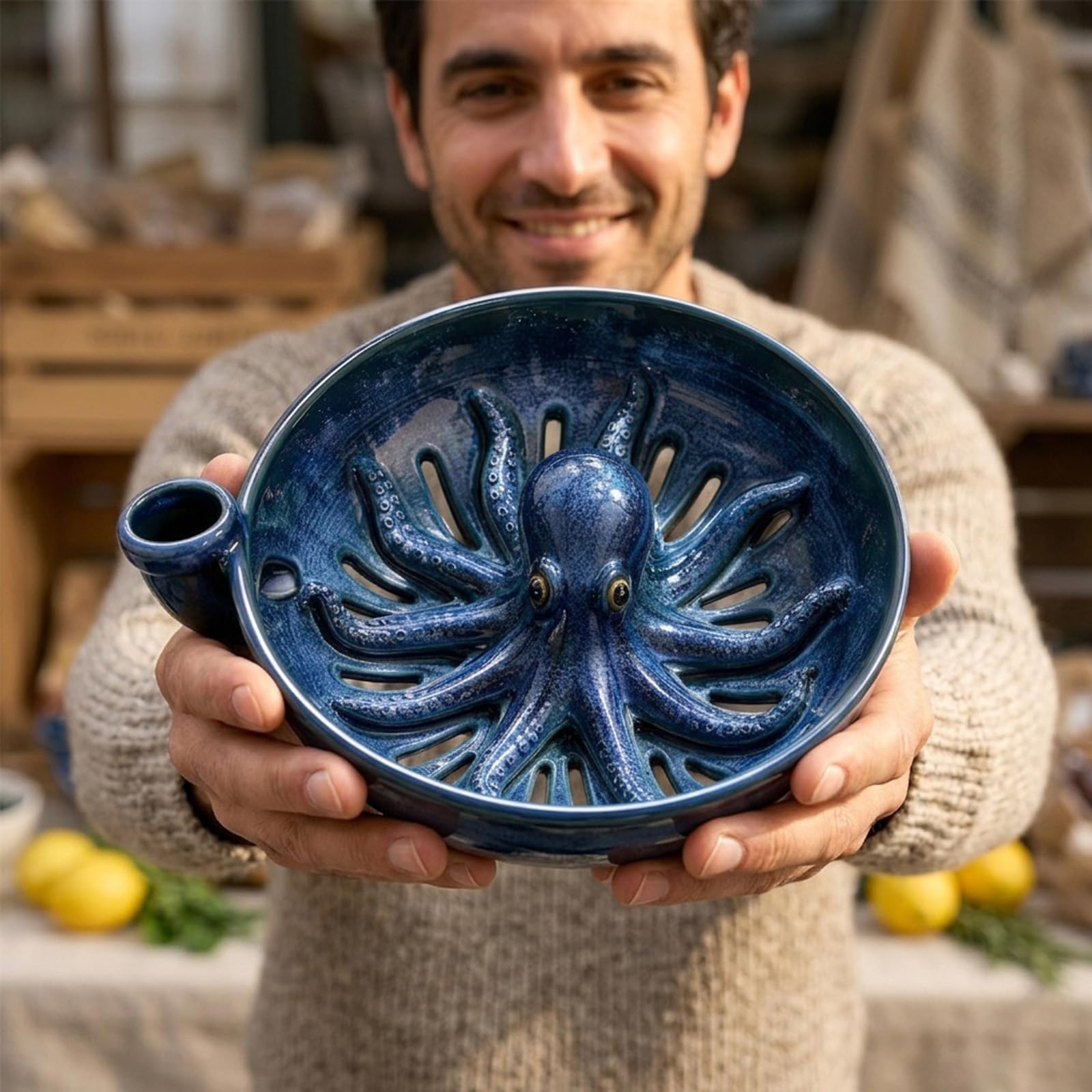 Colador de bayas de pulpo Bold Indigo, tazón de bayas de cerámica
