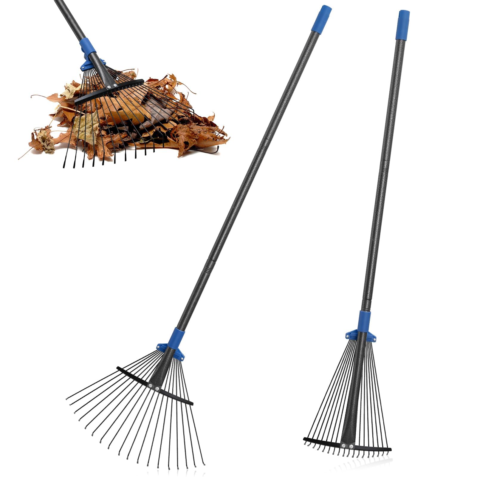 Rastrillo de hojas de jardín, rastrillo de metal de 18 dientes con cabeza ajustable de 25 a 45 cm, rastrillo de césped con mango ergonómico de 210 cm para recoger hojas sin esfuerzo, limpieza