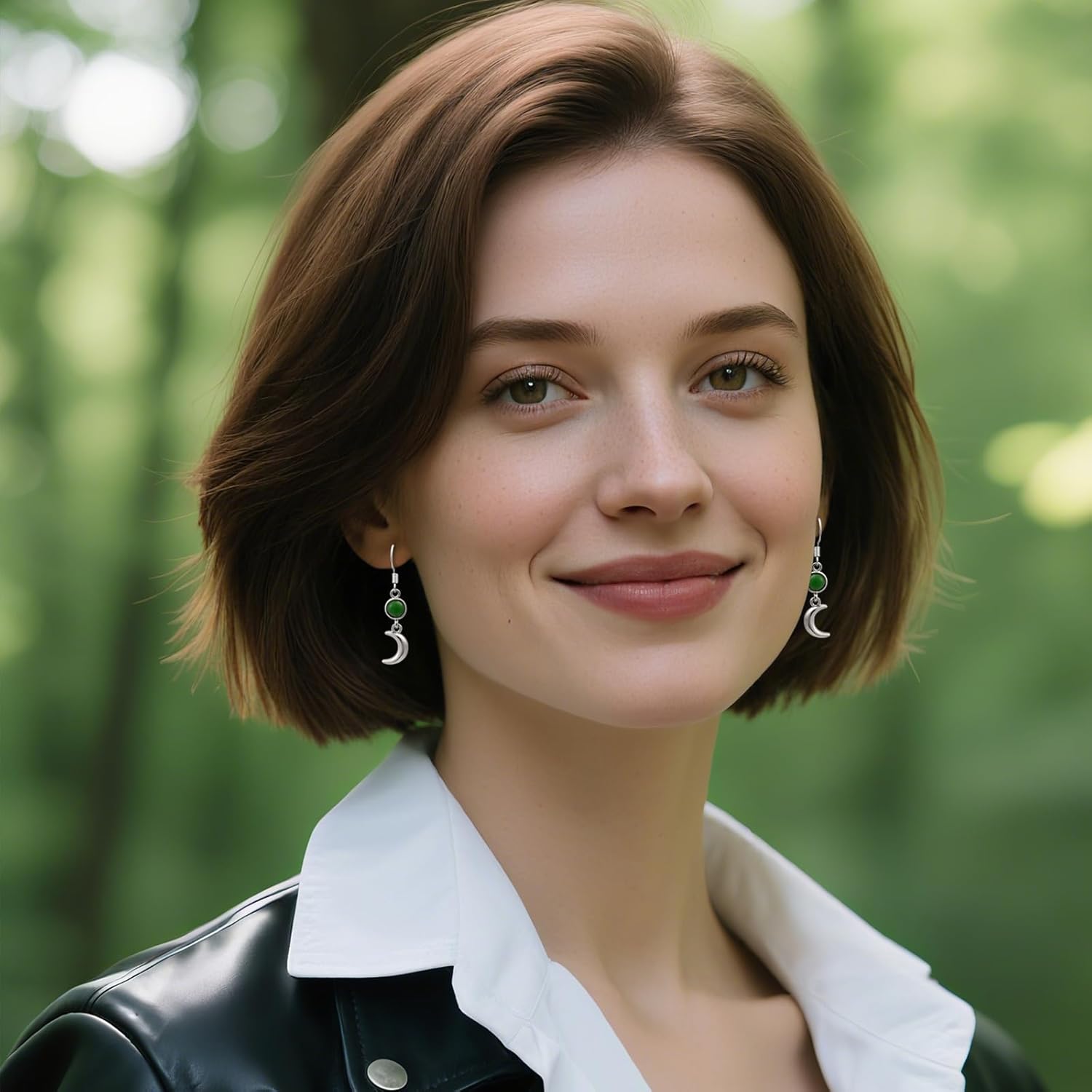 Silver Dangle Earrings for Women with Jade Green Stone and Moon Earrings Boho Style for Western Jewelry - Image 3