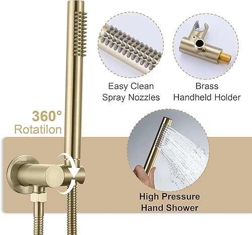 Miniatura 4 de Sistema de ducha de 10 pulgadas, juego de grifo de ducha dorado cepillado de latón de montaje en pared, cabezal de ducha de lluvia de alta presión