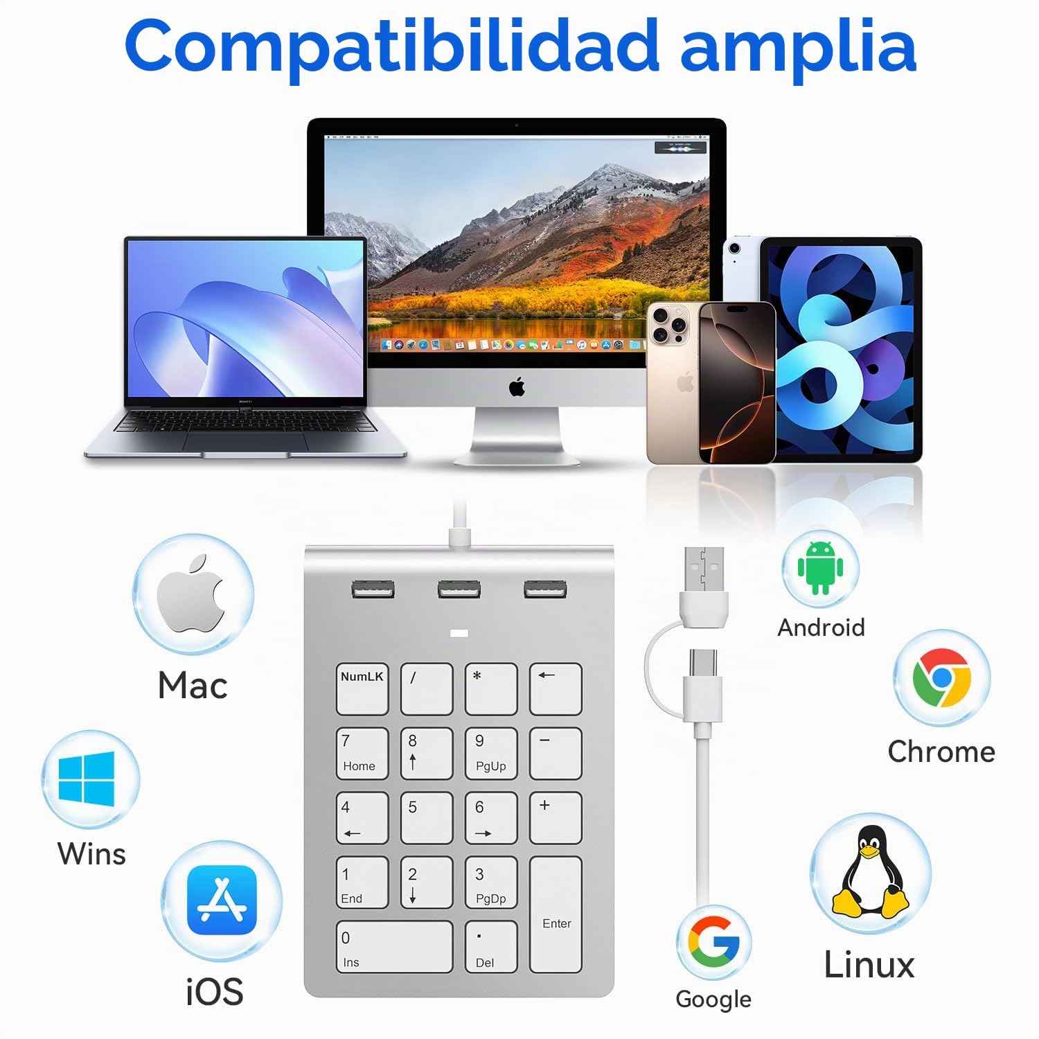 Teclado Numérico Cableado USB-C&USB-A Teclado Numérico 18 Teclas con 3 Puertos USB 2.0, Teclado Numerico para Laptop/Escritorio/Surface/iPad, TecladoNumérico USB para Windows/macOS/Chrome OS