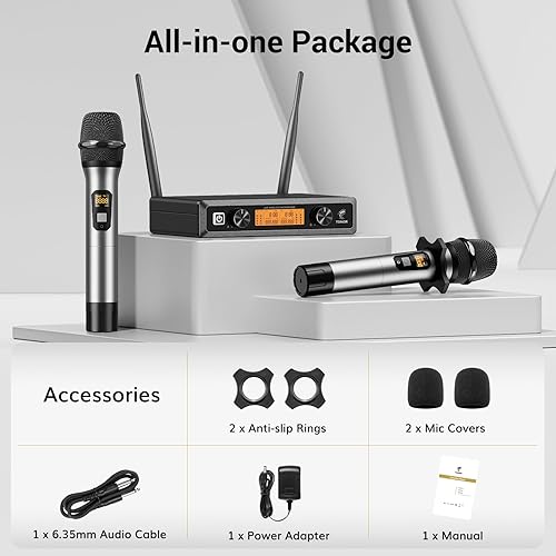 Miniatura 9 de TONOR Micrófono inalámbrico sistema de micrófono de mano de metal dual profesional UHF inalámbrico para karaoke en casa reuniones fiestas iglesia DJ