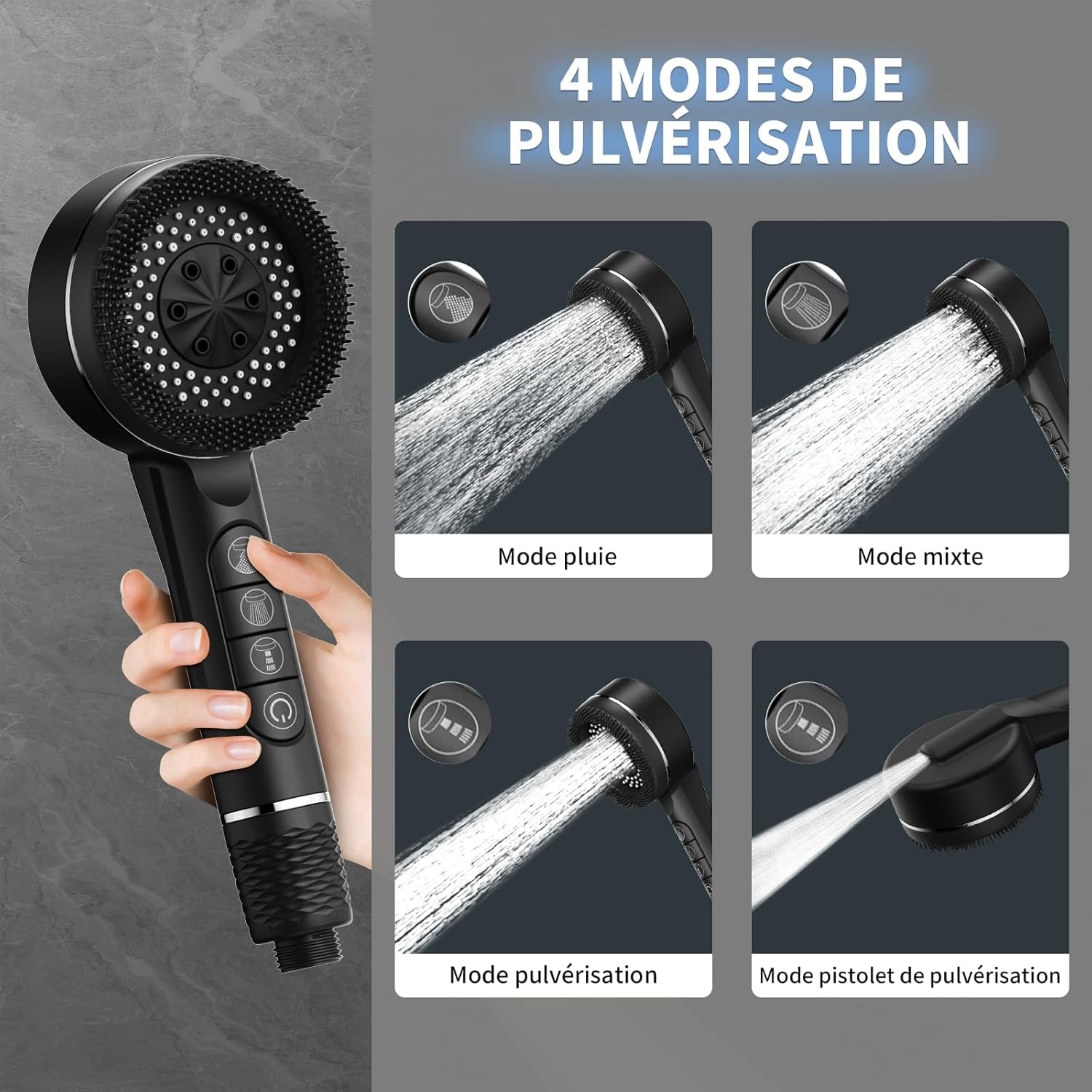 Pommeau deouche Haute Pression, Pommeau Douche Economie Deau 4 Types de Jets Pommeau de Douche Anti Calcaire avec Tuyau Douche 1.5M et Support de Douche, avec Bouton D'arrêt D'eau,Noir