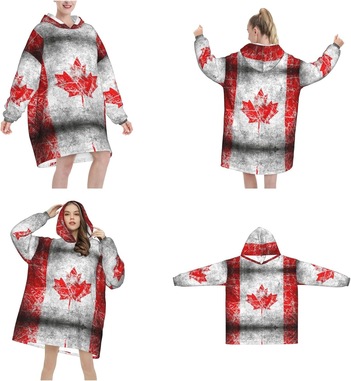 MUSM Retro Canada Flag Print Blanket Hoodie Fleece Sweatshirt Blanket With Sleeves And Pockets