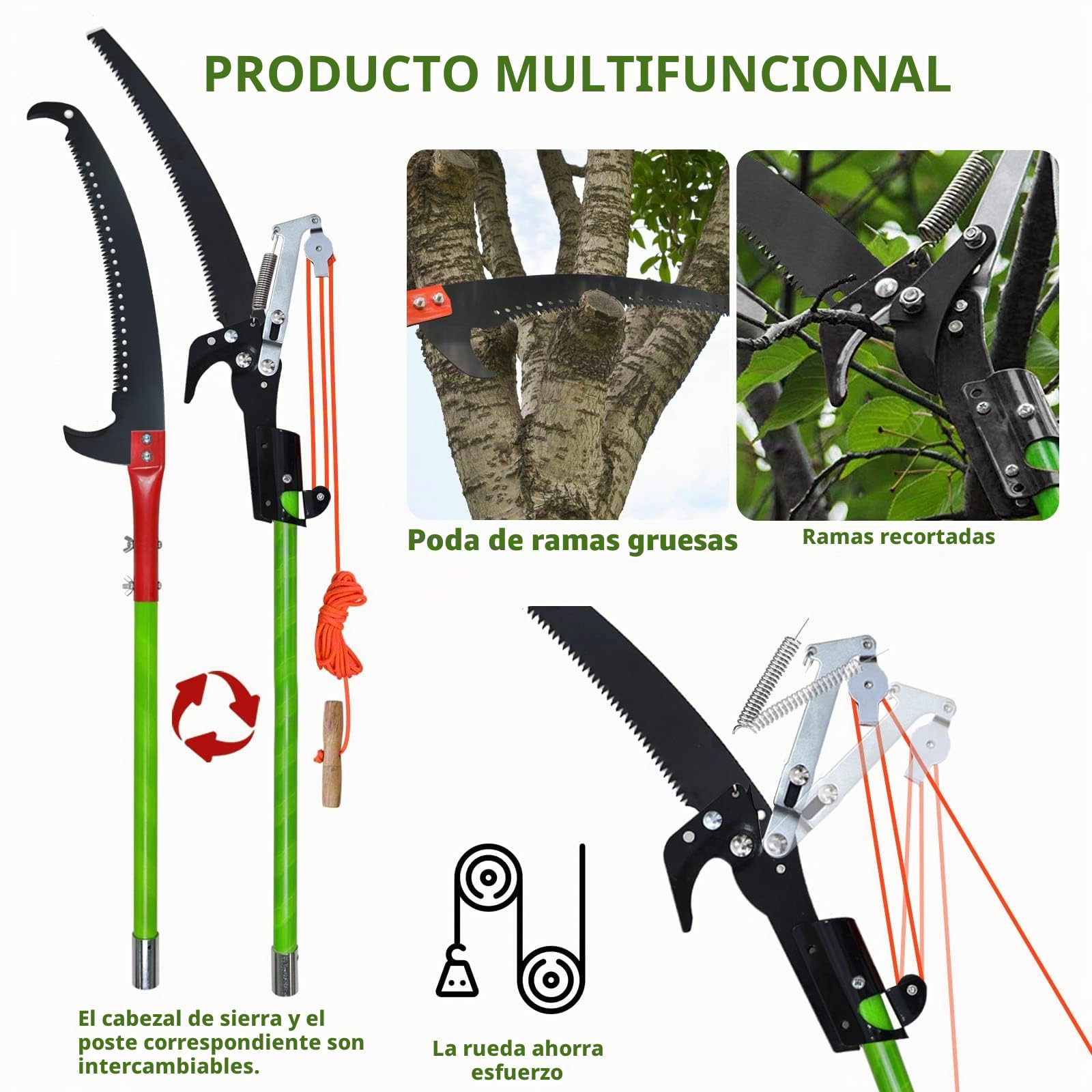 Sierra de podar manual, mango de 8 m, longitud ajustable. Herramientas, pértiga telescópica para poda de palmeras, largo alcance, bolsa de transporte. Corta limpio y rápido ramas altas, con tijera A