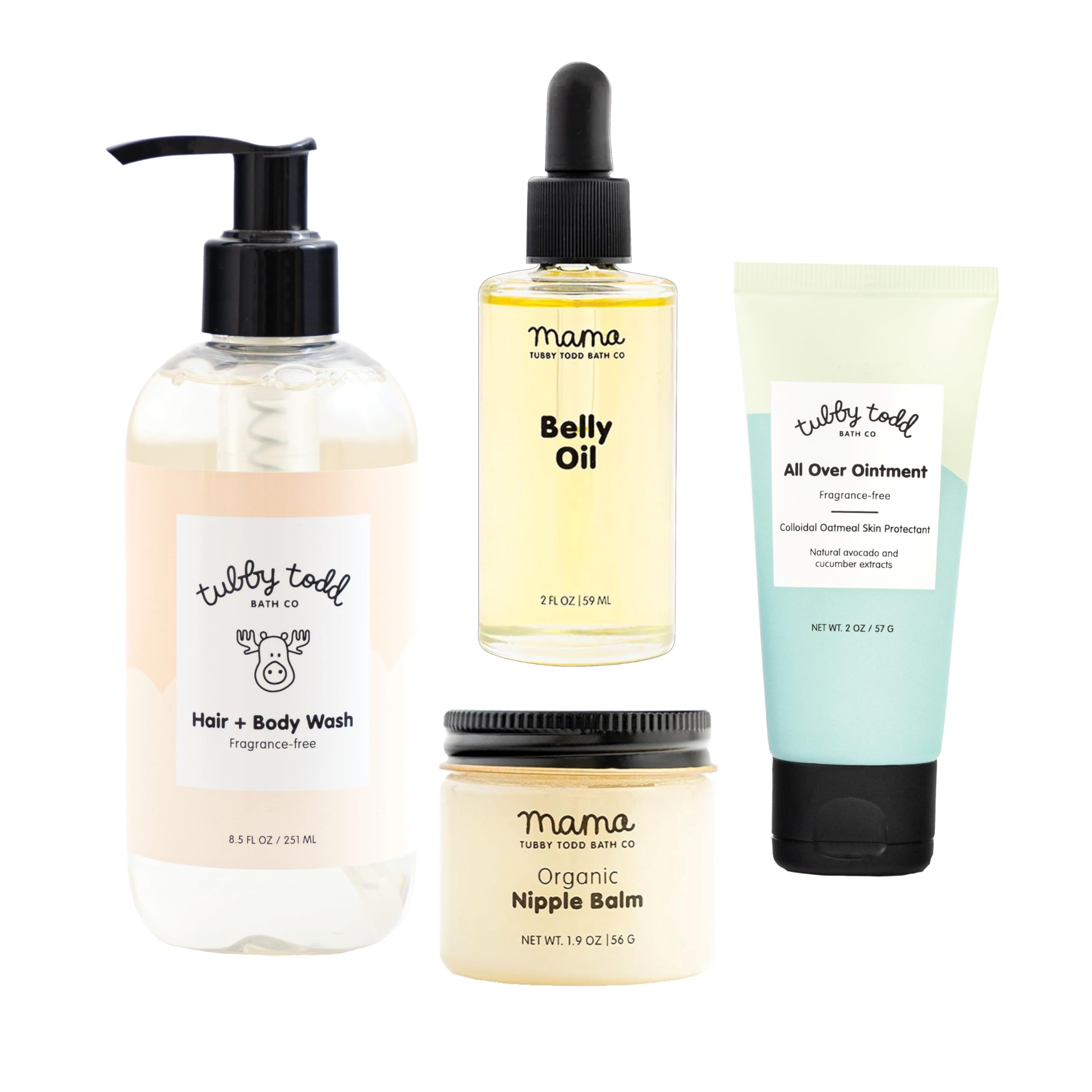 Tubby Todd New Baby & Mom Sensitive Skincare Kit - The Mama + Baby Gift Set - Baby Shampoo and Body Wash 8.5 Oz, All Over Ointment 2 Oz, Belly Oil 2