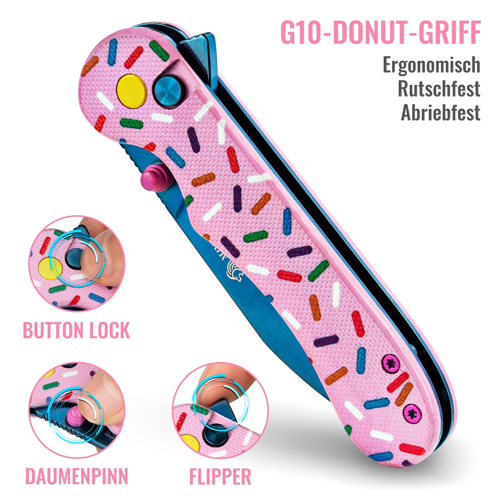 NedFoss DONUT couteau pliant, 14C28N acier couteau survie, Longueur lame 7.5 cm, revêtement titane bleu, manche g10 avec clip ceinture, mini couteau de poche
