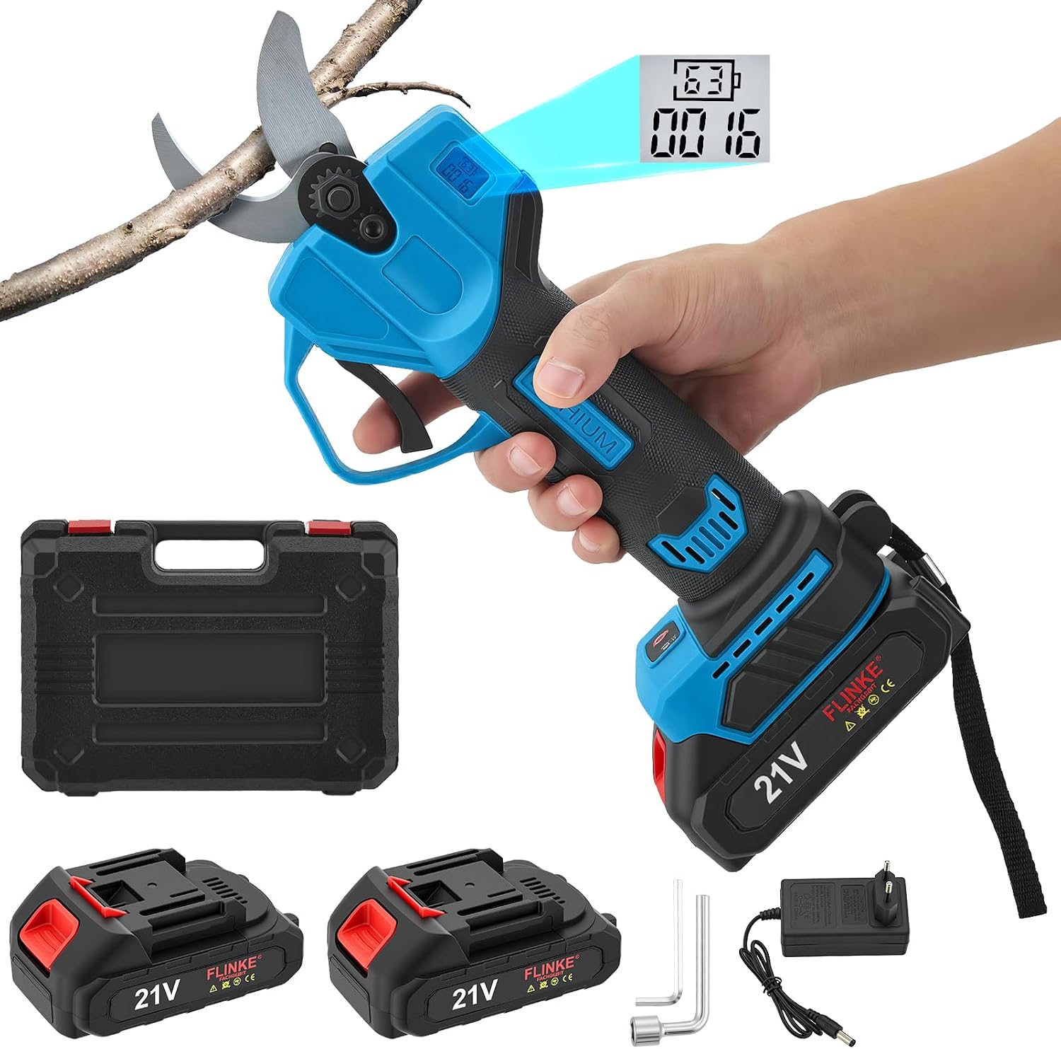 Tijeras de Podar Eléctricas con 2×21V 2000mAh Baterías y Pantalla LCD, Podadora Eléctrica a Batería para Jardín Huerto y Granja, Tijera de Podar Inalámbrica Hojas SK5