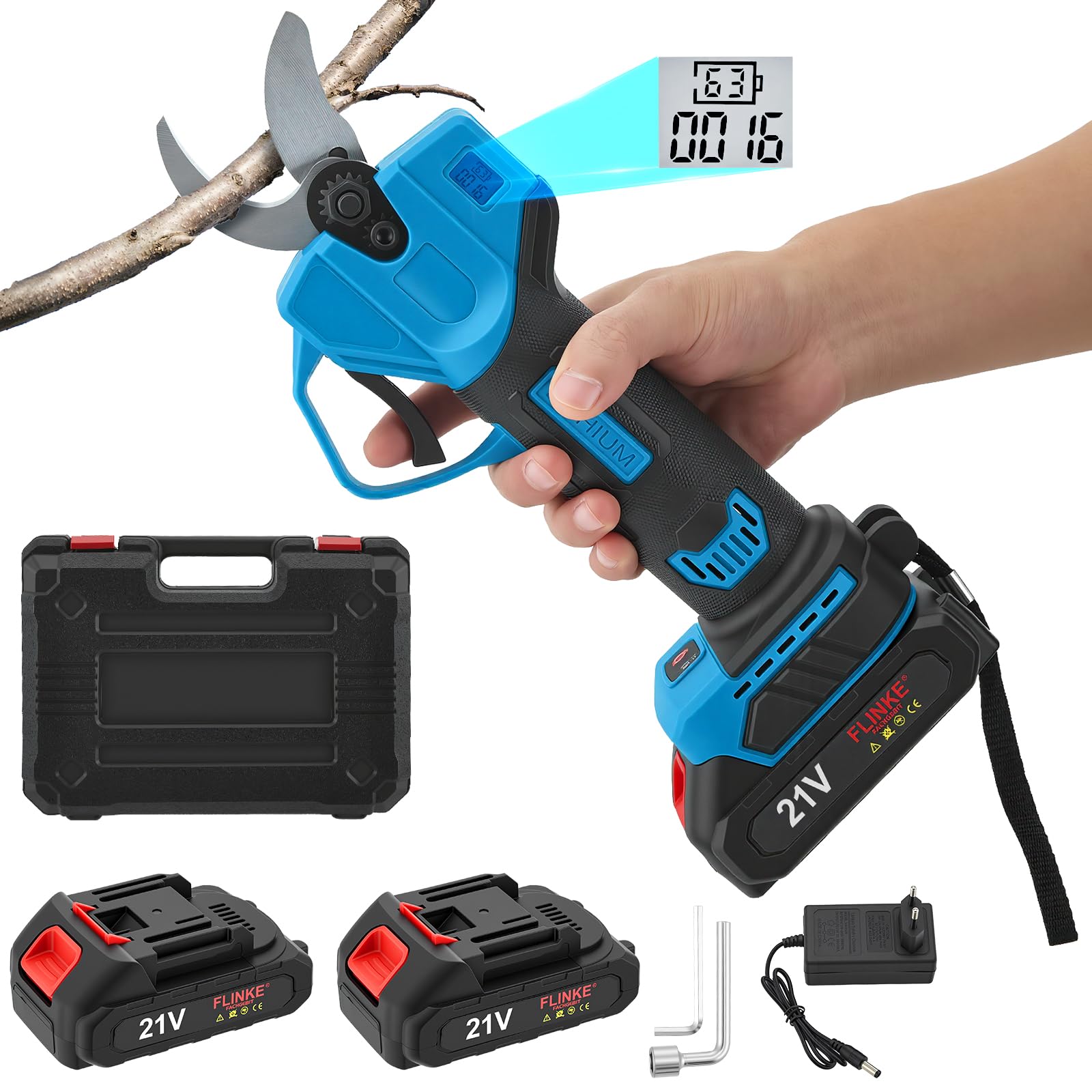 Sécateur Électrique Sans Fil avec 21V 2x2000mAh Batteries et écran LED, Portable Sécateur à Batterie pour Branches d'arbres de Jardin Verger, Lames SK7