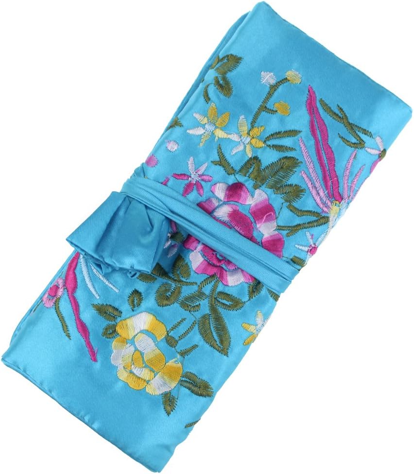 SuoSuo Jewelry Roll,Travel Jewelry Roll Bag,Light Blue Silk Embroidery Brocade Jewelry Organizer Case with Tie Close