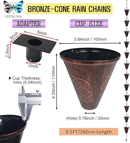 Miniatura 5 de LEPTALINA Cadenas de lluvia de hierro cónico de 8.5 pies para canalón y barril de lluvia, cadena de lluvia chapada resistente al óxido para