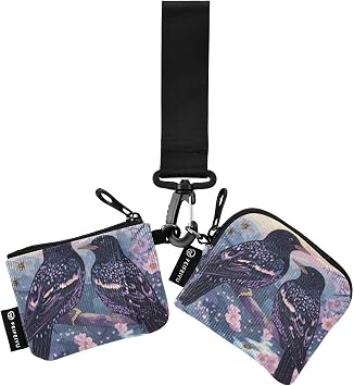 Cute European Starling Birds Purple Womens Wallets Card Cases Thin Flat Wristlet Wallet Key Holder with Zipper Pocket for Women 2 Pcs de credito para Hombre
