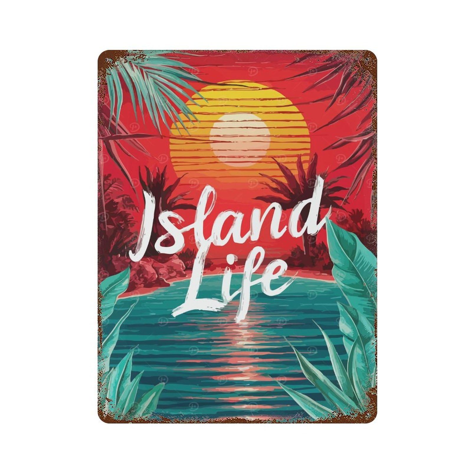Rust Effect Island Life Sunset Vintage Rust Metal Sign 15.7"x11.8", Classic Wall Plaque for Shed, Workshop And Garage Wall Decor