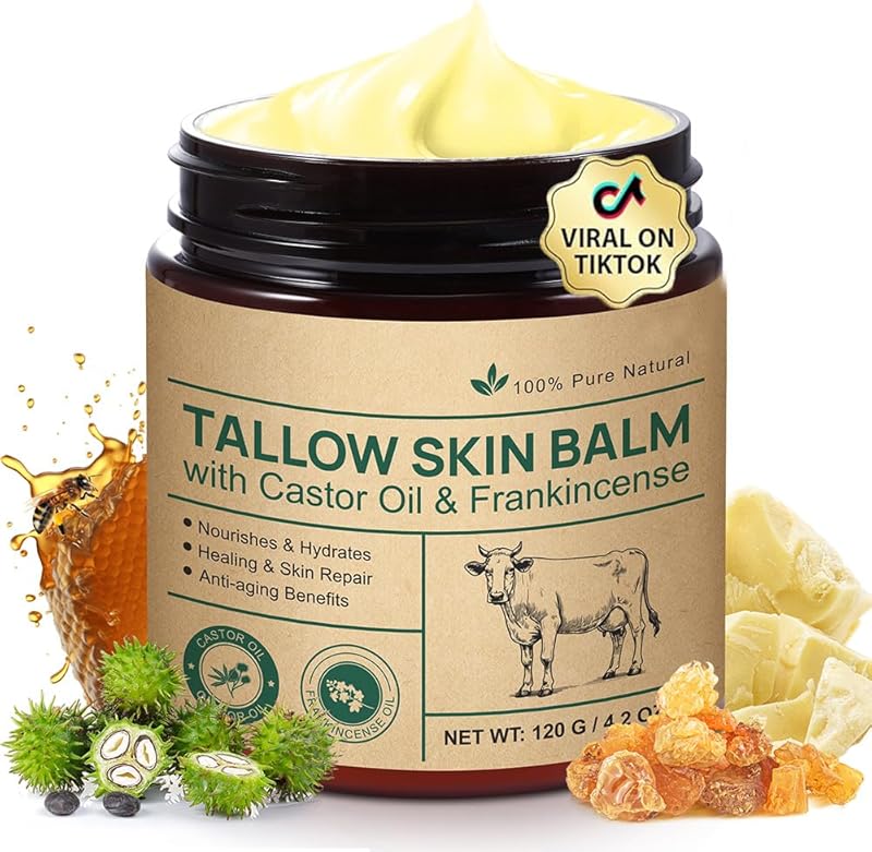 Crème hydratante à l'huile de ricin et à l'huile d'oliban - 120 g de suif de bœuf pour les soins de la peau - Crème hydratante pour le visage et le corps - Pour les peaux sensibles et sèches