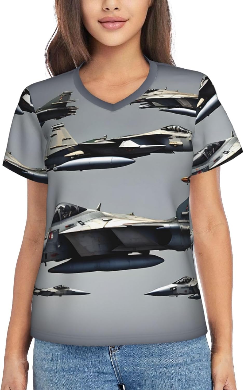 Womens Aircraft Fighter Jets Print Short Sleeve V Neck T-Shirts Casual Breathable Tee Basic Summer Tops 2026