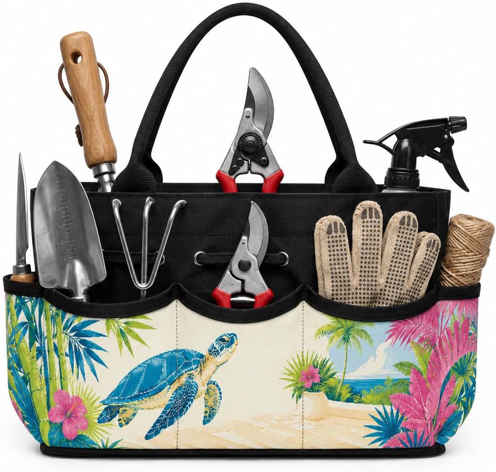 Sea Turtle Bamboo Garden Tool Bag Organizer for Porch in Coastal Summer