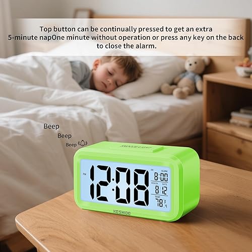 Miniatura 3 de Reloj despertador digital con luz nocturna, funciona con pilas, con temperatura interior, reloj pequeño de escritorio, modelo de repetición,